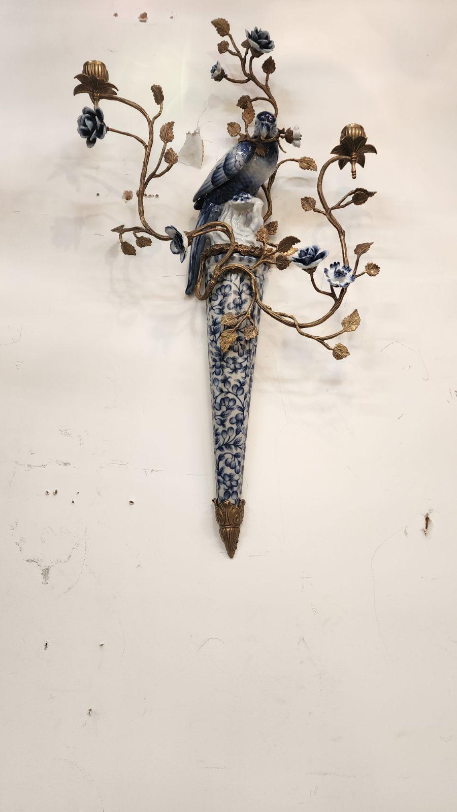 Porcelain Blue and White Bird Sconces In Excellent Condition In Dallas, TX