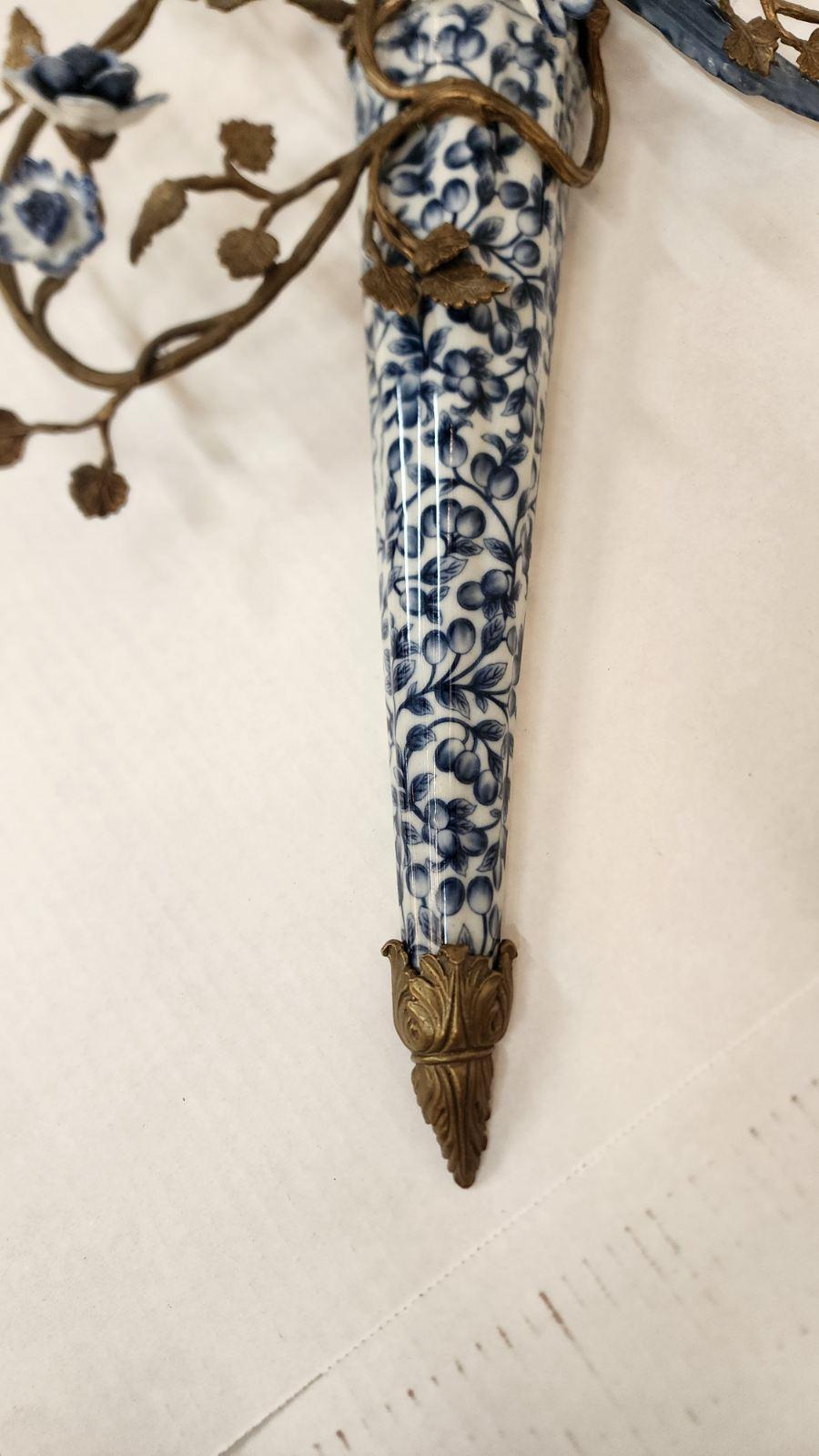 20th Century Porcelain Blue and White Bird Sconces