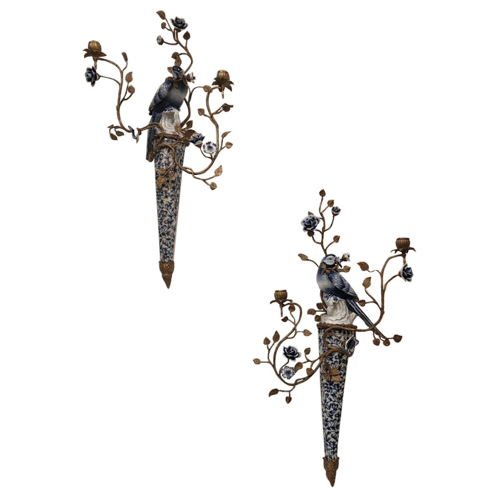 Porcelain Blue and White Bird Sconces