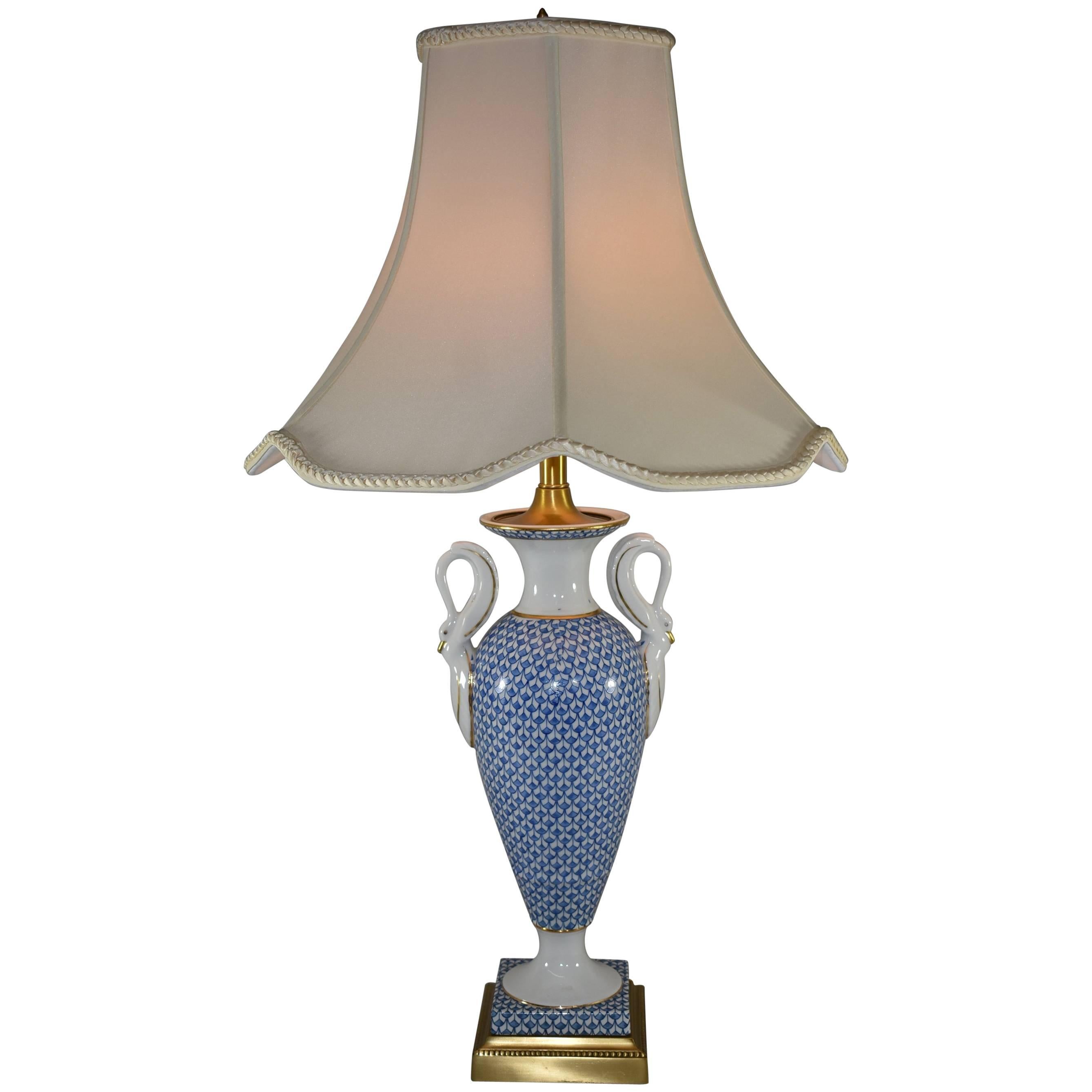Porcelain Blue & White Fish Scale Table Lamp with Swan Detail, Frederick Cooper