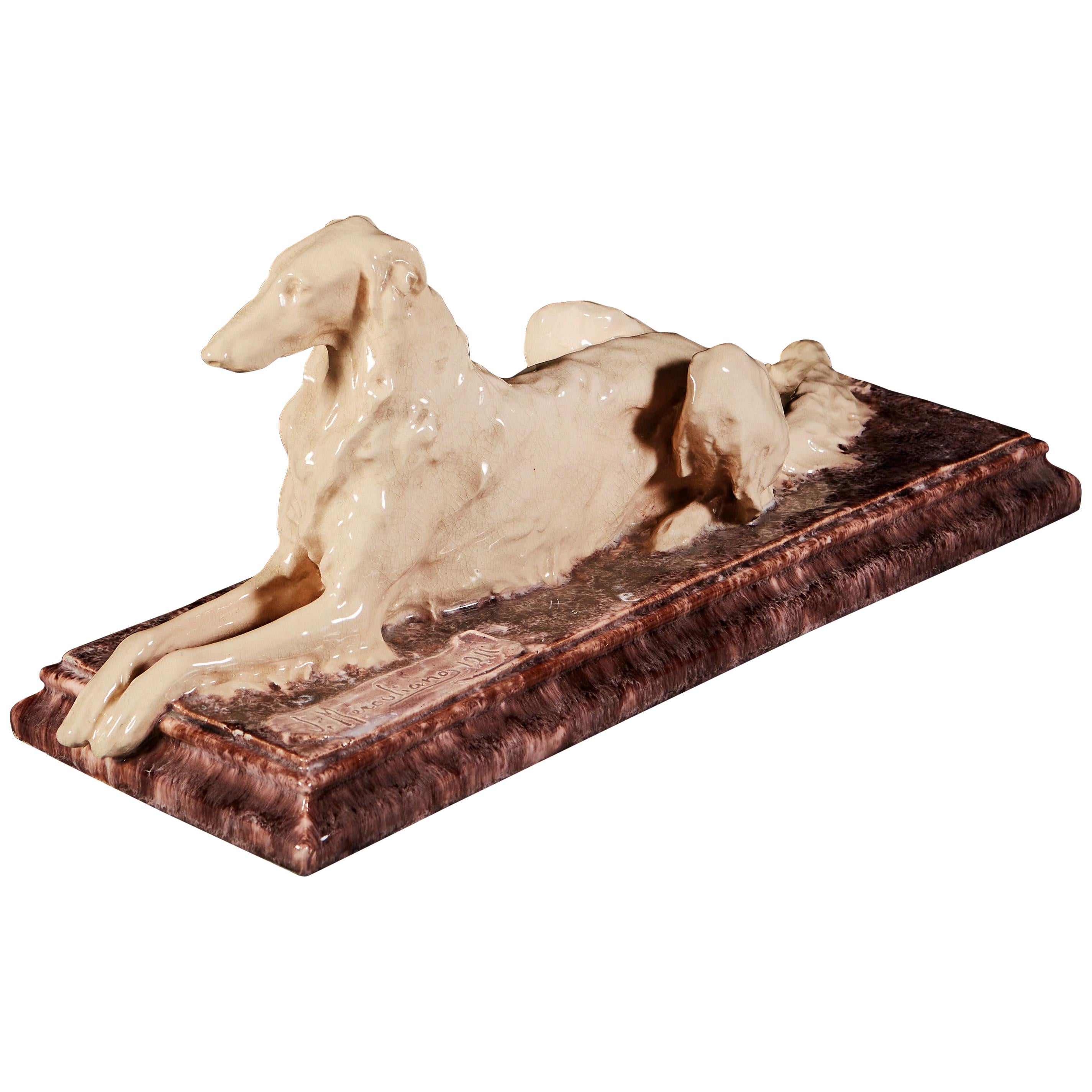 Porcelain Borzoi Dog Sculpture, Signed J Merculiano, 1911