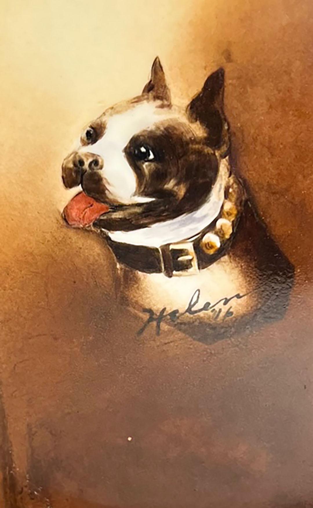 Porcelain Boston bull terrier portrait mounted in its original frame with stand. Signed on the front, Helen, 46.