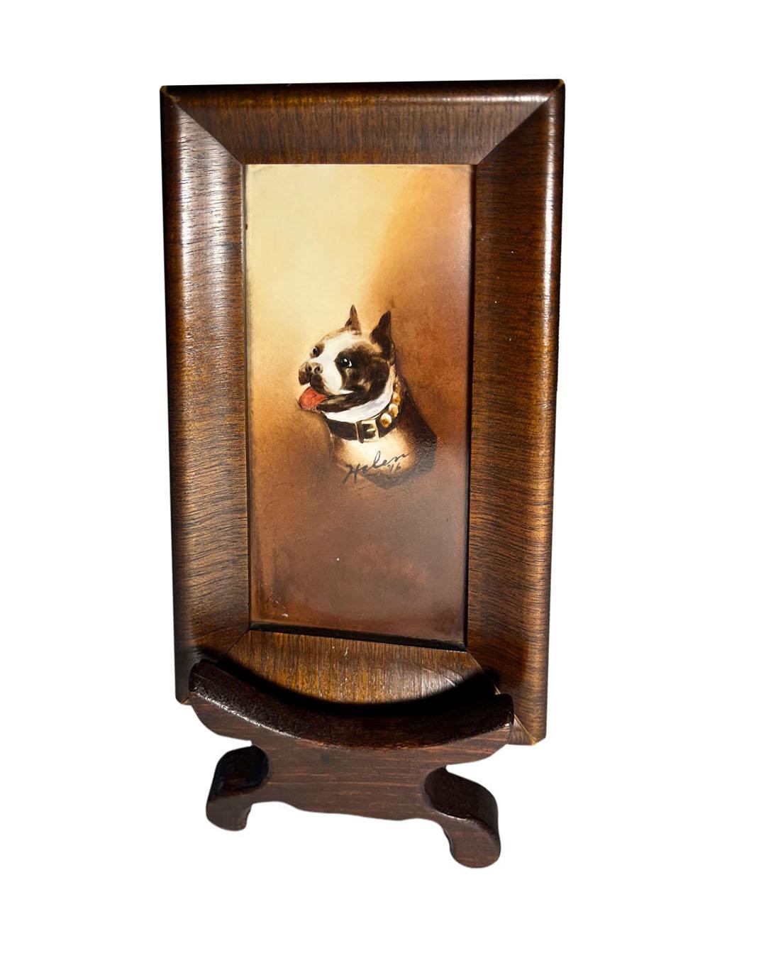 Porcelain Boston Bull Terrier Portrait With Stand In Good Condition For Sale In Dallas, TX