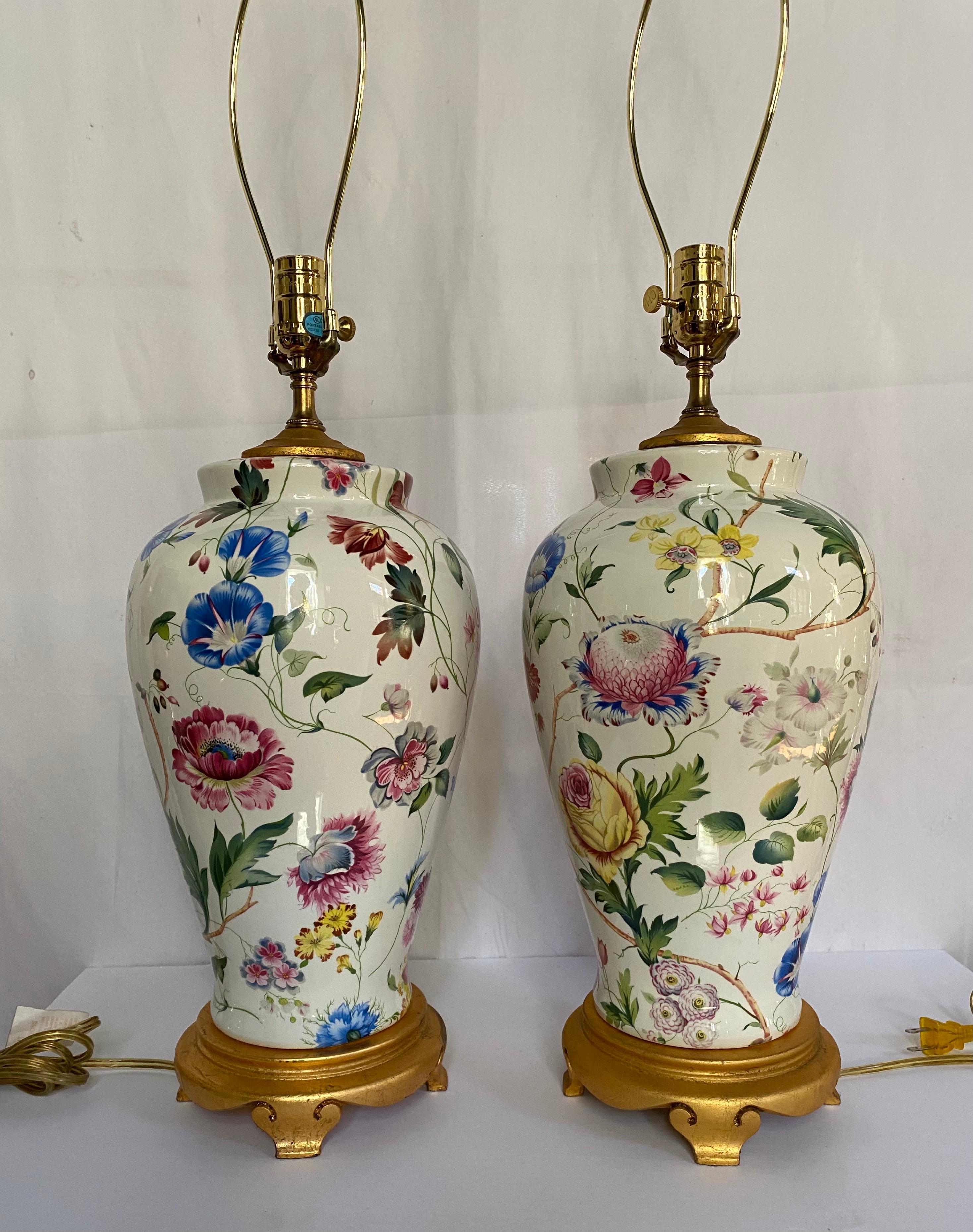 Porcelain Botanical Floral and Gilt Urn Vase Table Lamps by Chelsea House, Pair In Good Condition In Lambertville, NJ