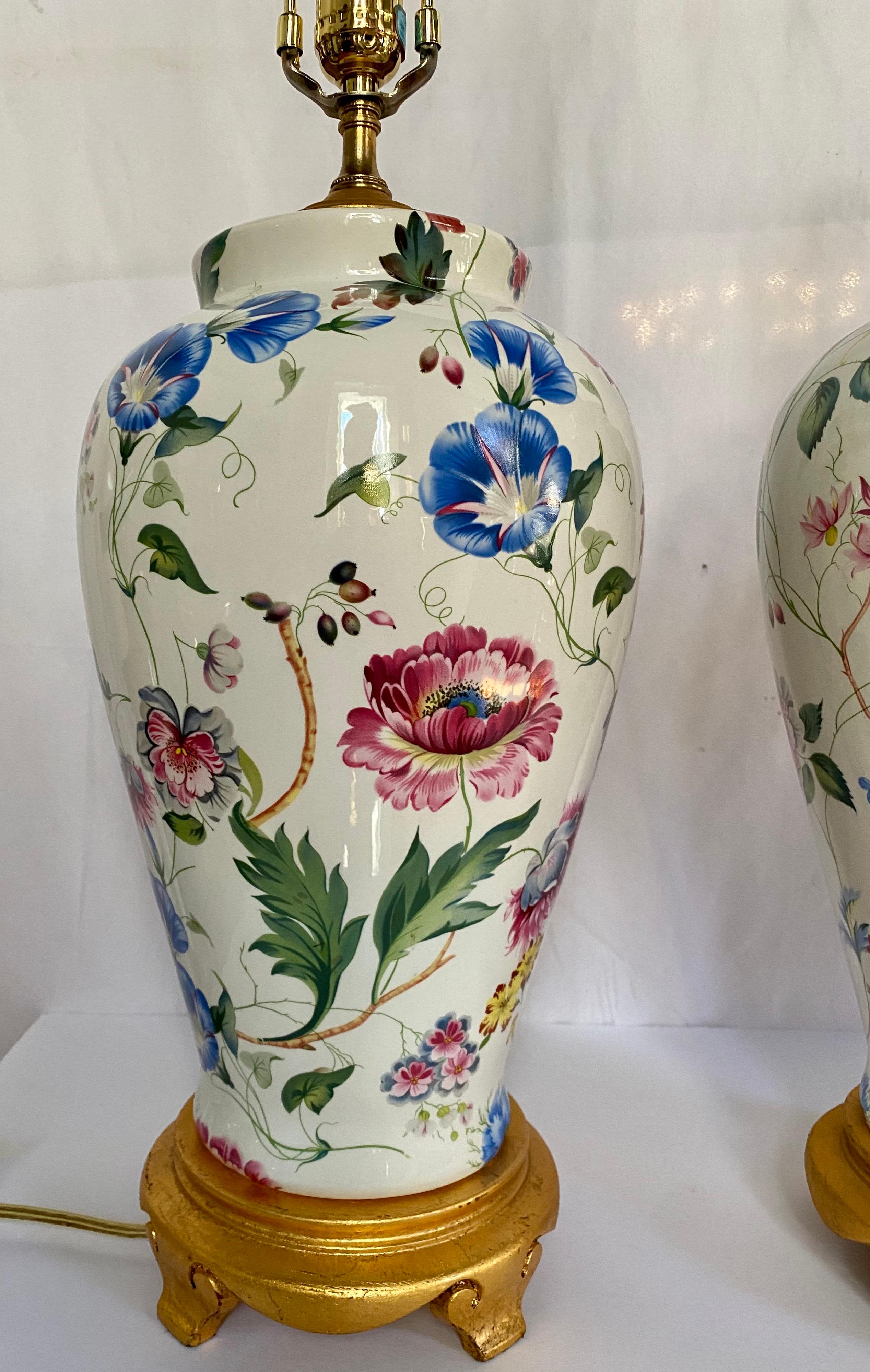 20th Century Porcelain Botanical Floral and Gilt Urn Vase Table Lamps by Chelsea House, Pair