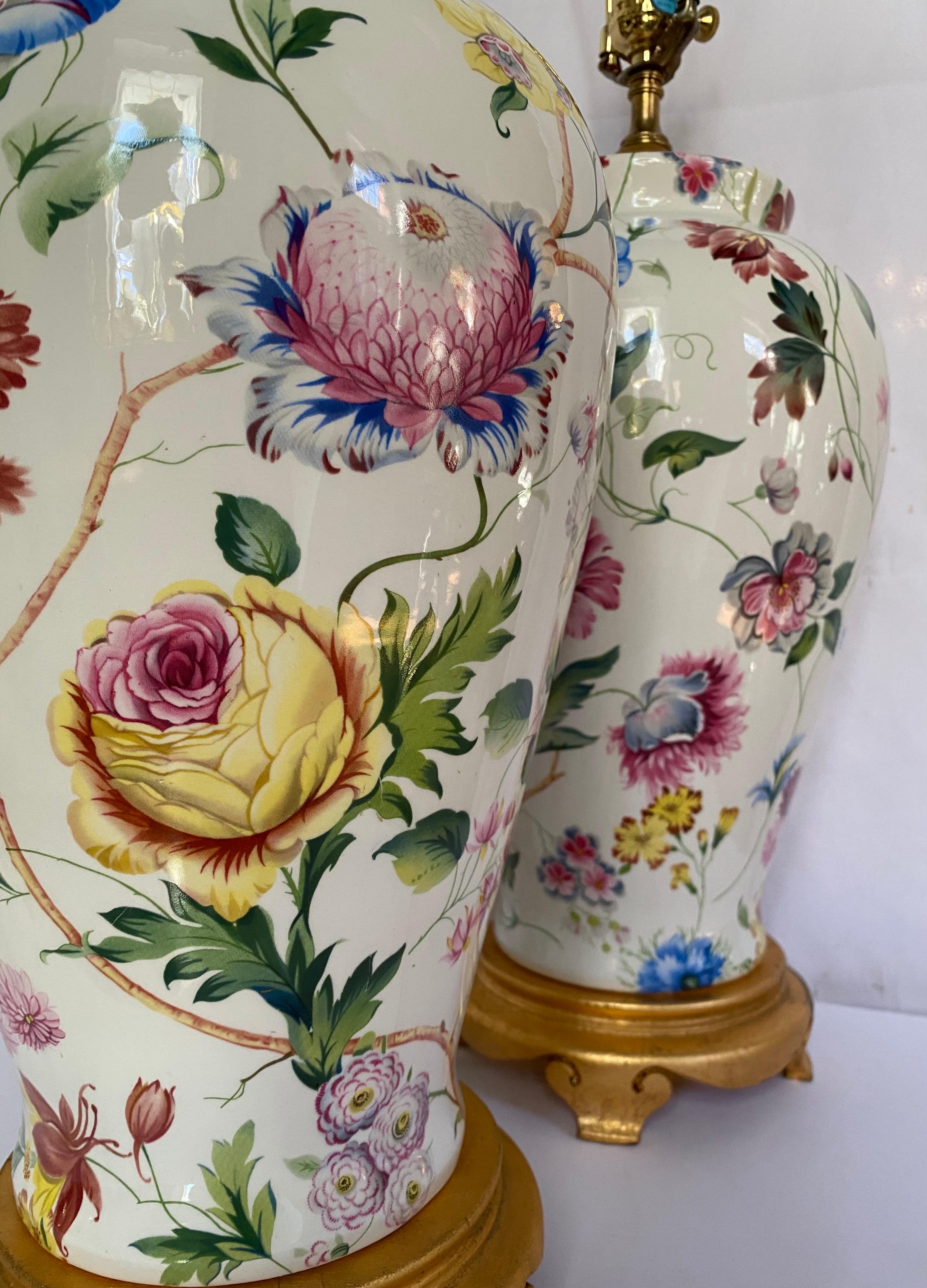 Porcelain Botanical Floral and Gilt Urn Vase Table Lamps by Chelsea House, Pair 3