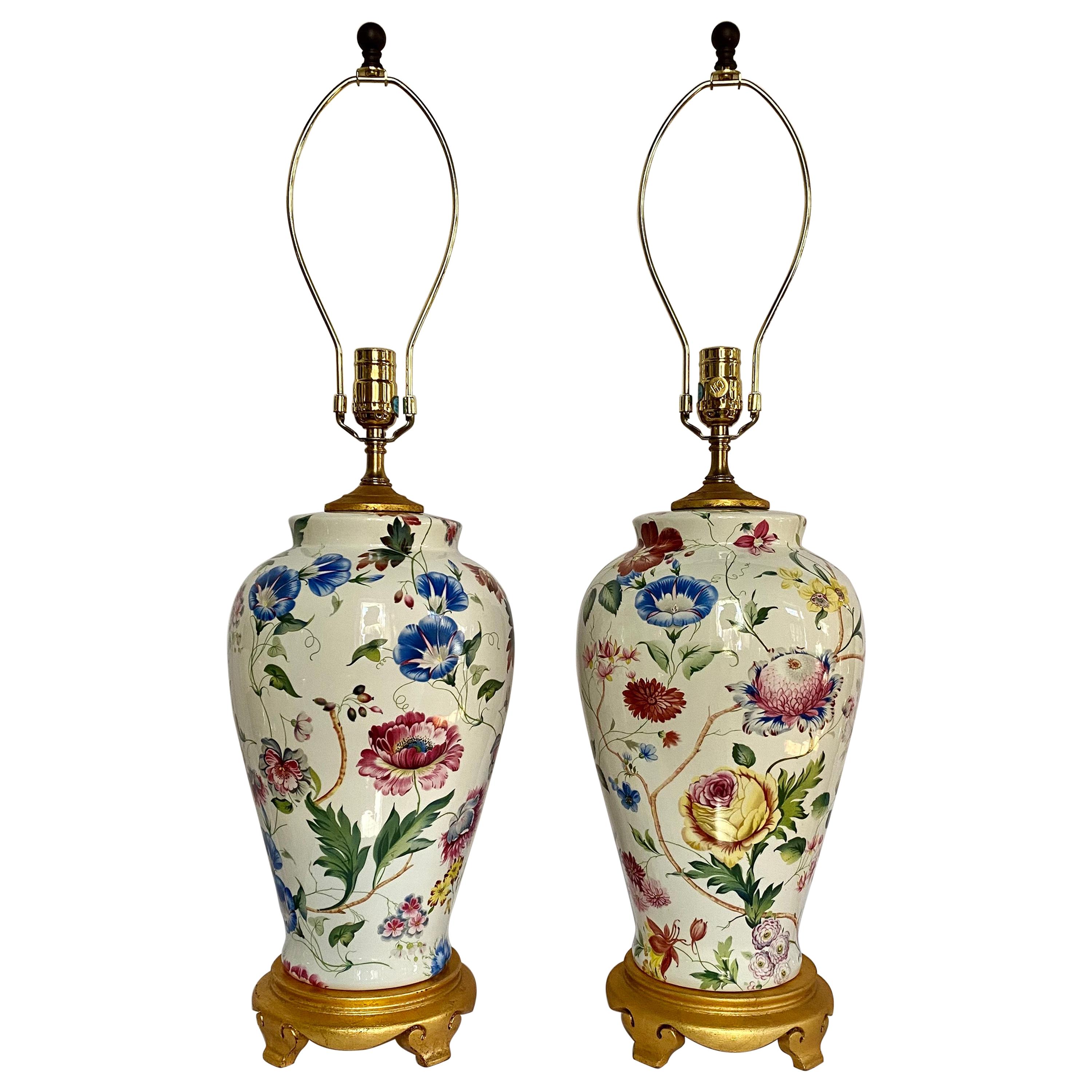 Porcelain Botanical Floral and Gilt Urn Vase Table Lamps by Chelsea House, Pair