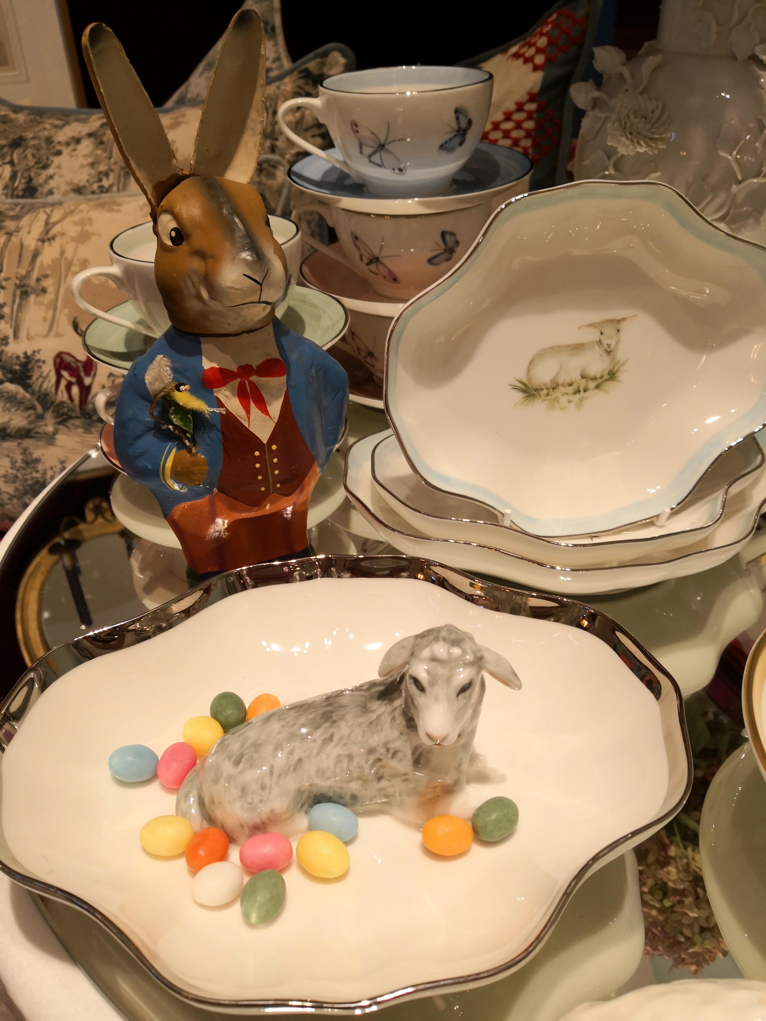 German Hand Painted Porcelain Bowl with Easter Lamb Figure Sofina Boutique Kitzbuehel For Sale