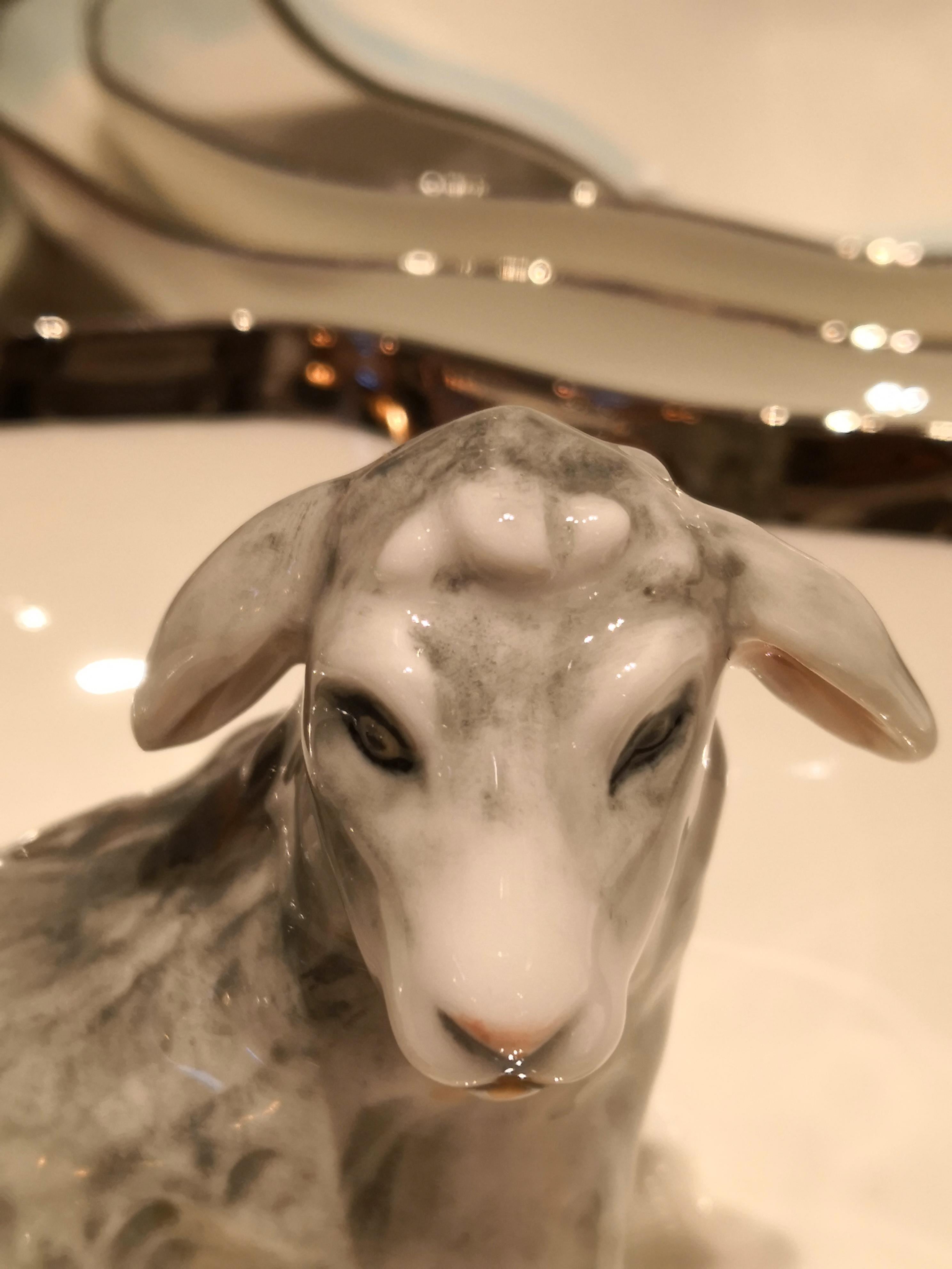Hand-Crafted Hand Painted Porcelain Bowl with Easter Lamb Figure Sofina Boutique Kitzbuehel For Sale