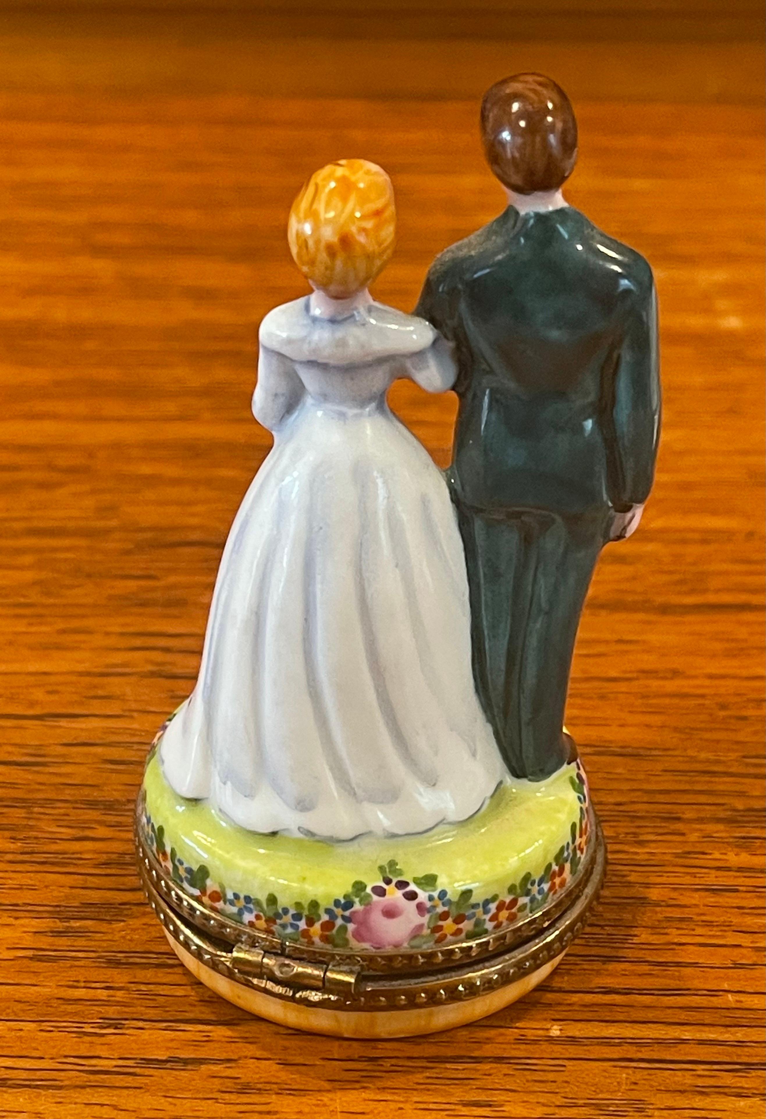 French Porcelain Bride & Groom / Wedding Couple Trinket Box by Rochard for Limoges