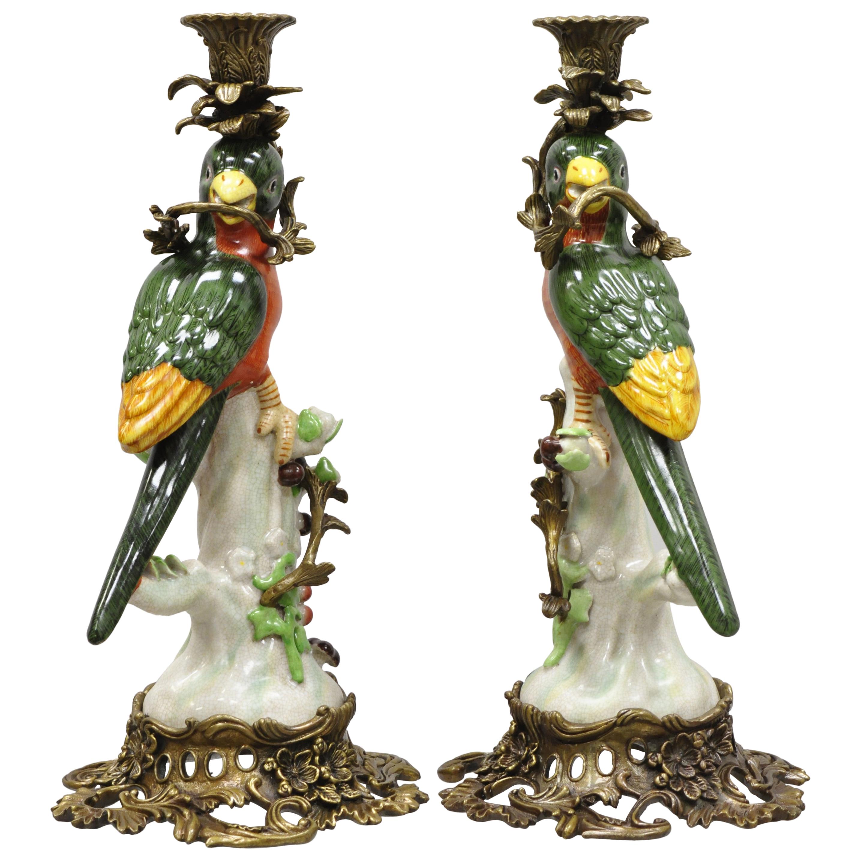 Porcelain & Bronze French Green & Yellow Parrot Candlestick Candleholders, Pair