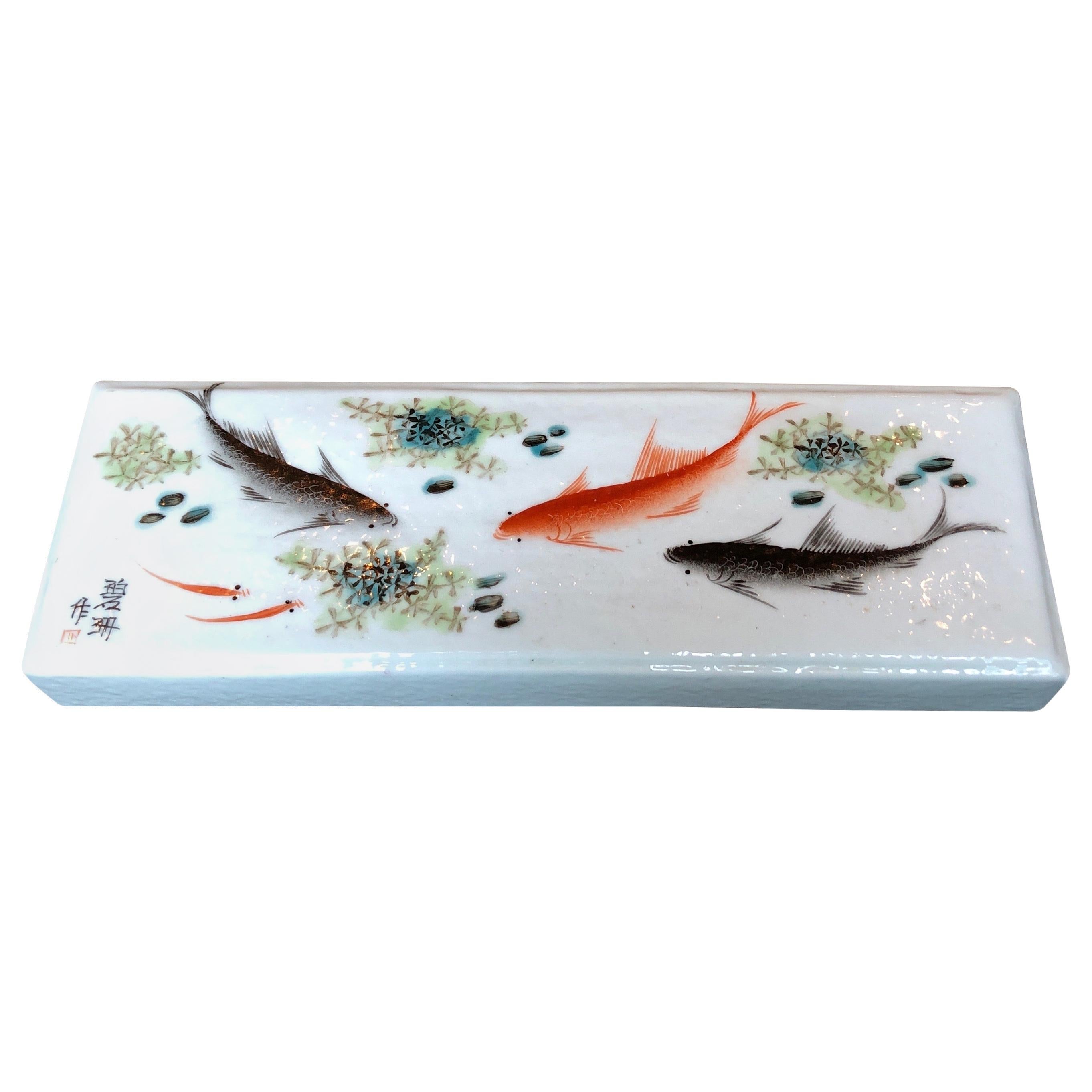 Porcelain Brush Rest with Vivid Fish Images
