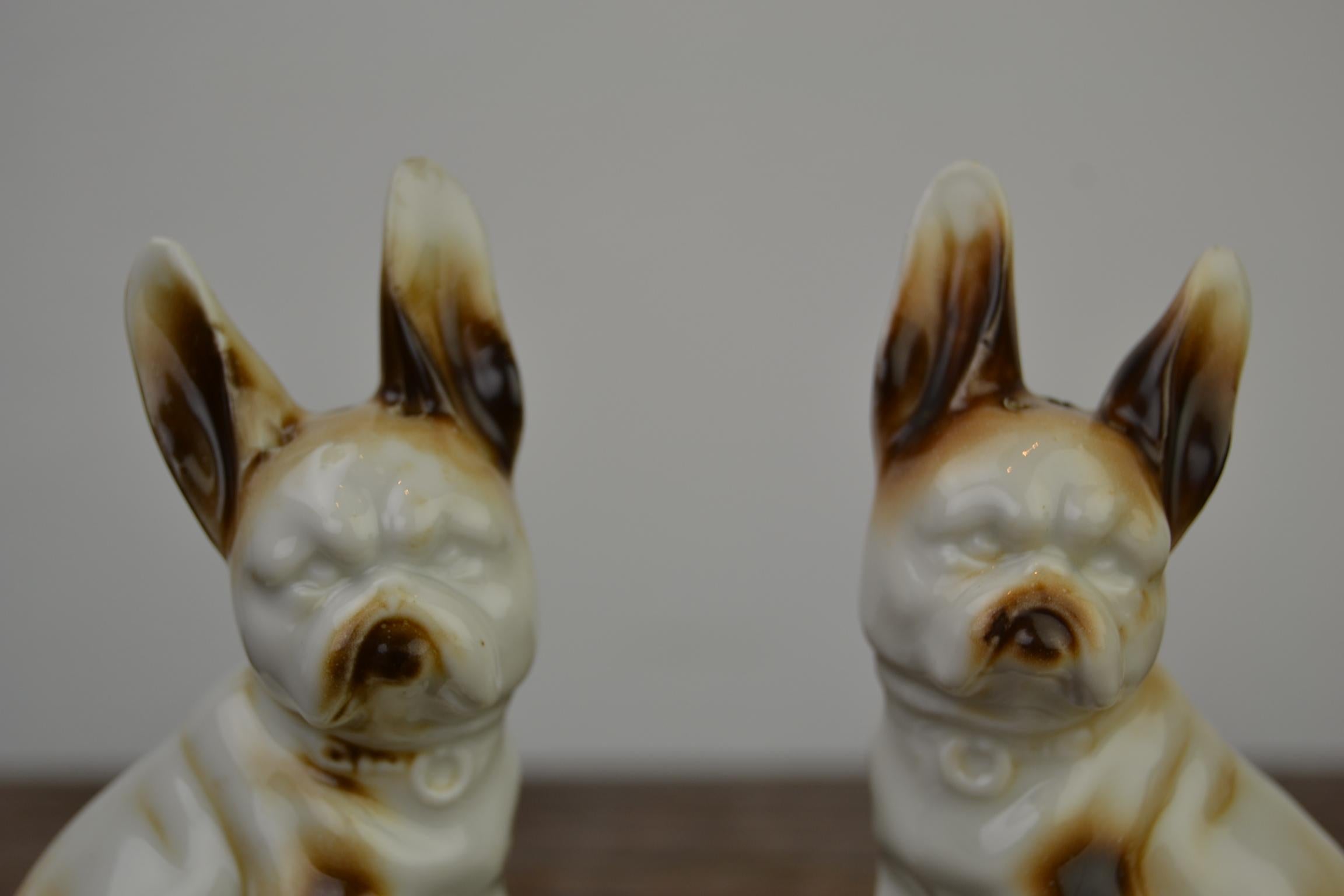 Porcelain bulldog shaped salt and pepper shakers.
These bulldogs with rabbit ears have the colors white and brown, are very detailed and both still have their cork.
They are marked at the bottom: Germany - 10206.
These animal salt and pepper