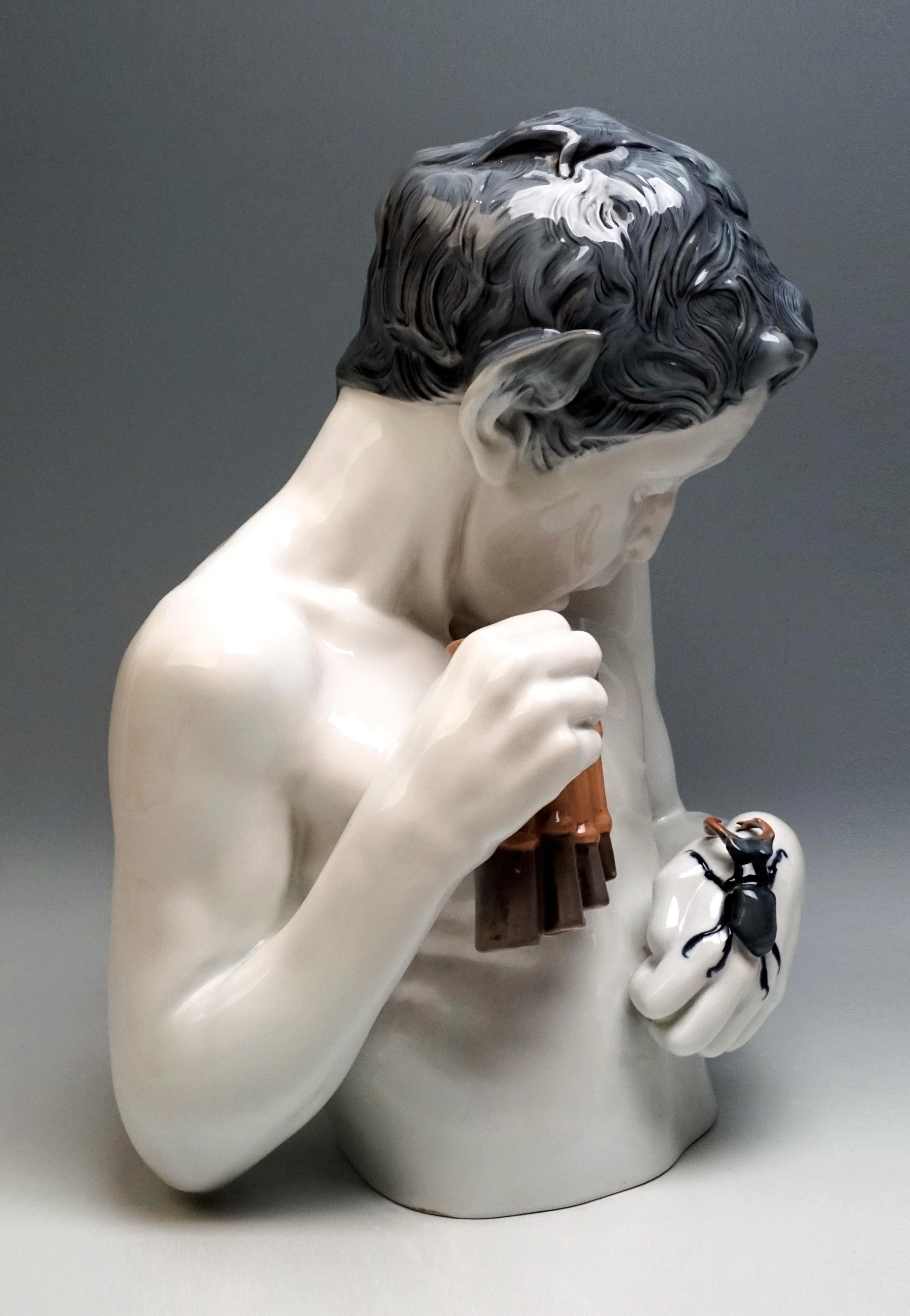 Admirable Art Nouveau figure by Rosenthal
Depiction of a frightened faun from the middle of the abdomen, staring at a stag beetle sitting on his left hand, holding a panpipe in his right. Inscription 'FERD. LIEBERMANN 'on his back.

Manufactory: