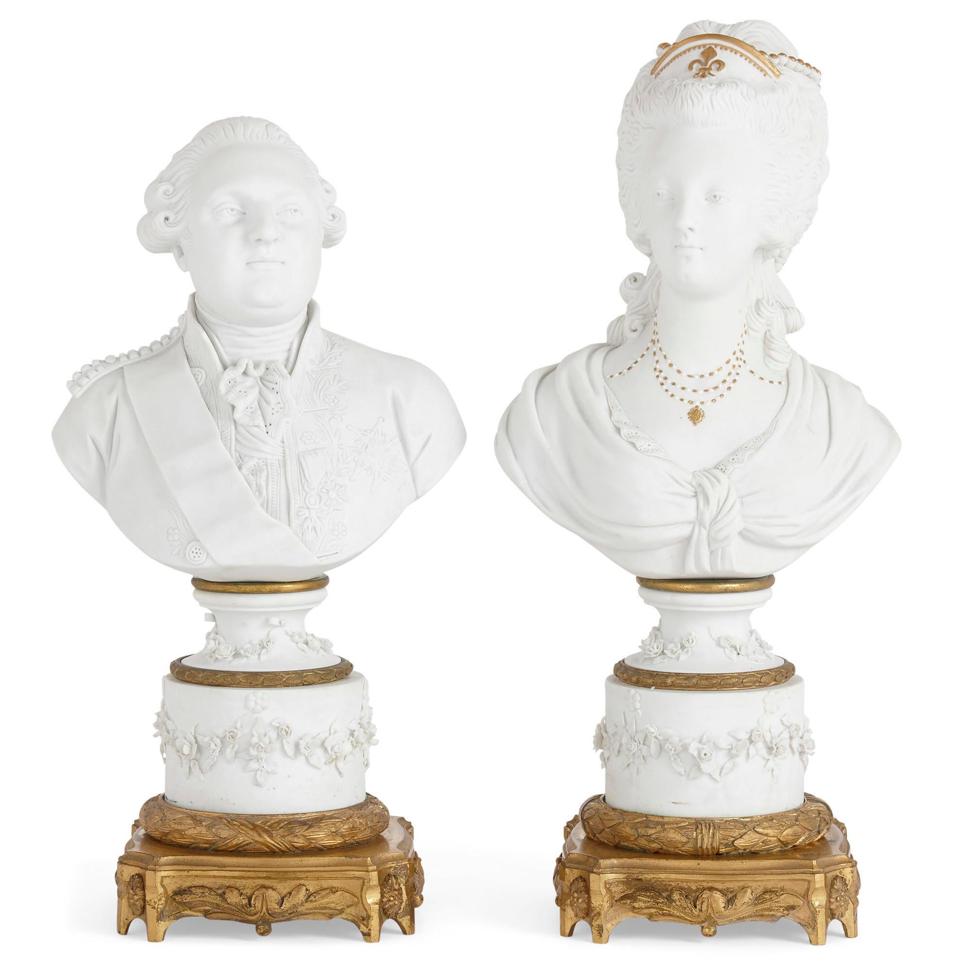 This pair of busts depicts the former King and Queen of France, Louis XVI and Marie Antoinette. The busts are crafted from unglazed white porcelain, known as bisque, or biscuit. Each porcelain bust is raised by a gilt bronze base, which supports a