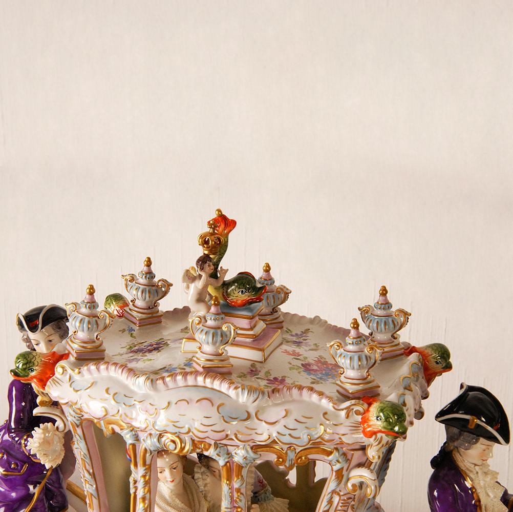 Hand-Crafted German Porcelain Carriage Couch with Lace Figurines & Horses Rococo Volkstedt For Sale