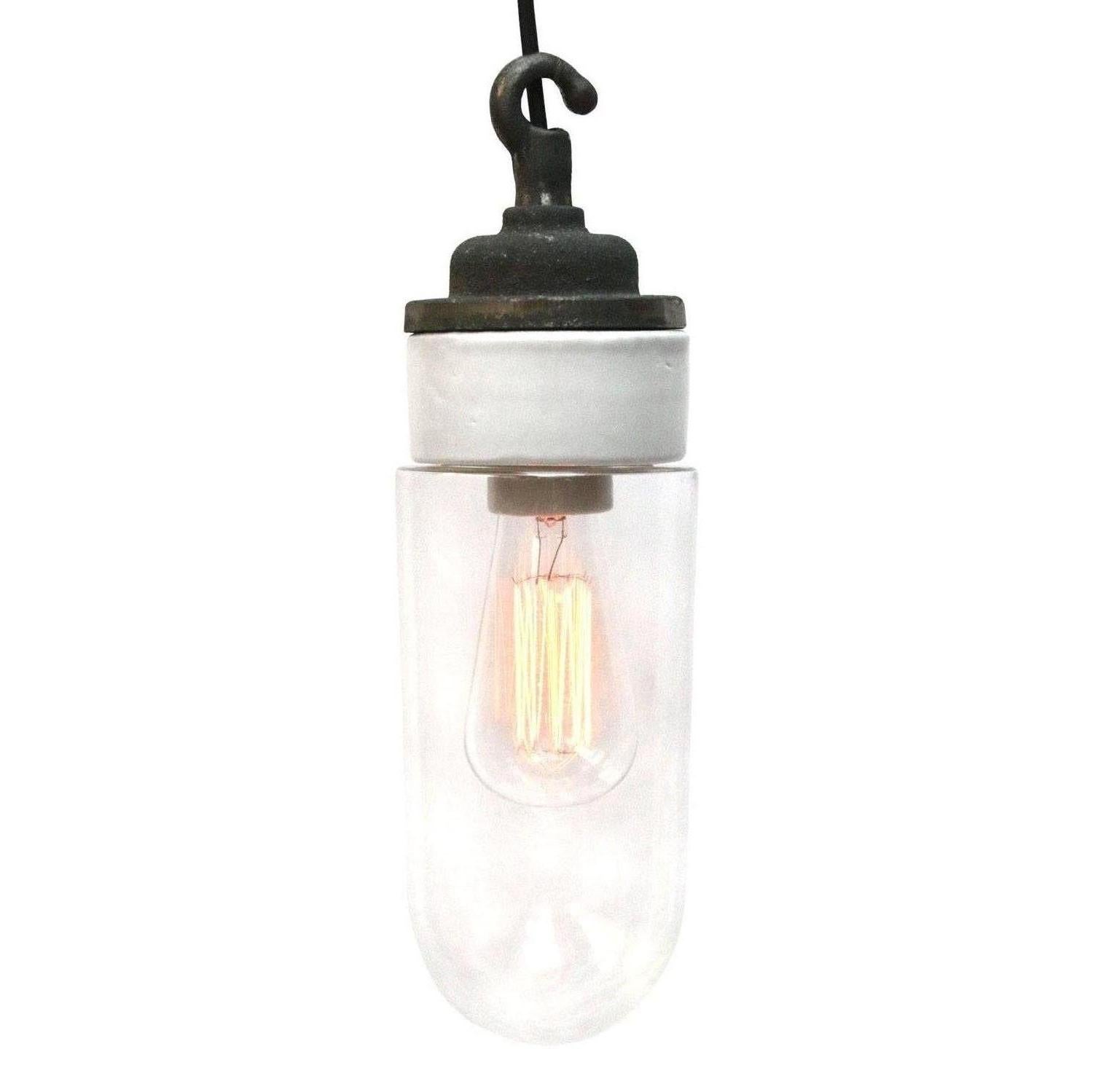 Porcelain Industrial hanging lamp. White porcelain. Cast iron and clear glass.
Two conductors. No ground.

Weight: 1.7 kg / 3.7 lb

All lamps have been made suitable by international standards for incandescent light bulbs, energy-efficient and LED