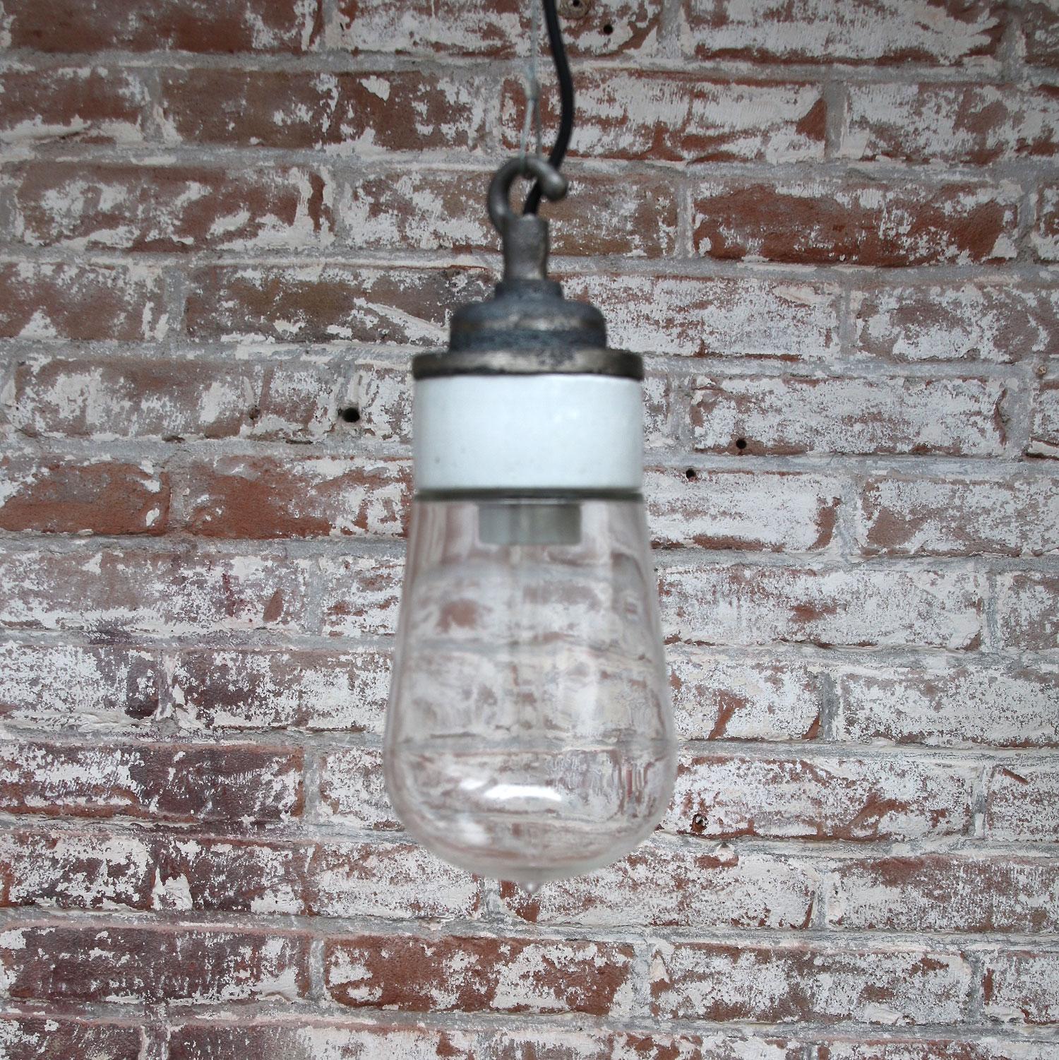 Porcelain Cast Iron Clear Glass Industrial Hanging Lights In Good Condition In Amsterdam, NL