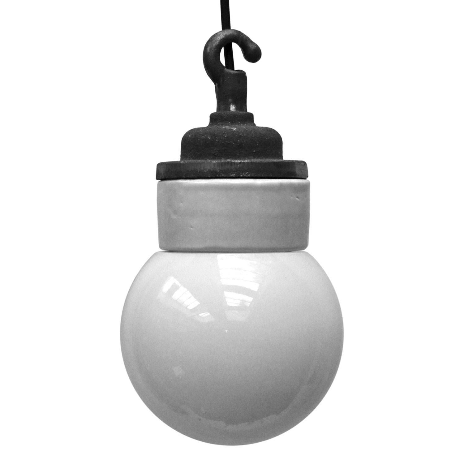 Porcelain industrial hanging lamp. White porcelain. Cast iron and white frosted glass.
Two conductors. No ground.

Weight: 1.7 kg / 3.7 lb

All lamps have been made suitable by international standards for incandescent light bulbs, energy-efficient