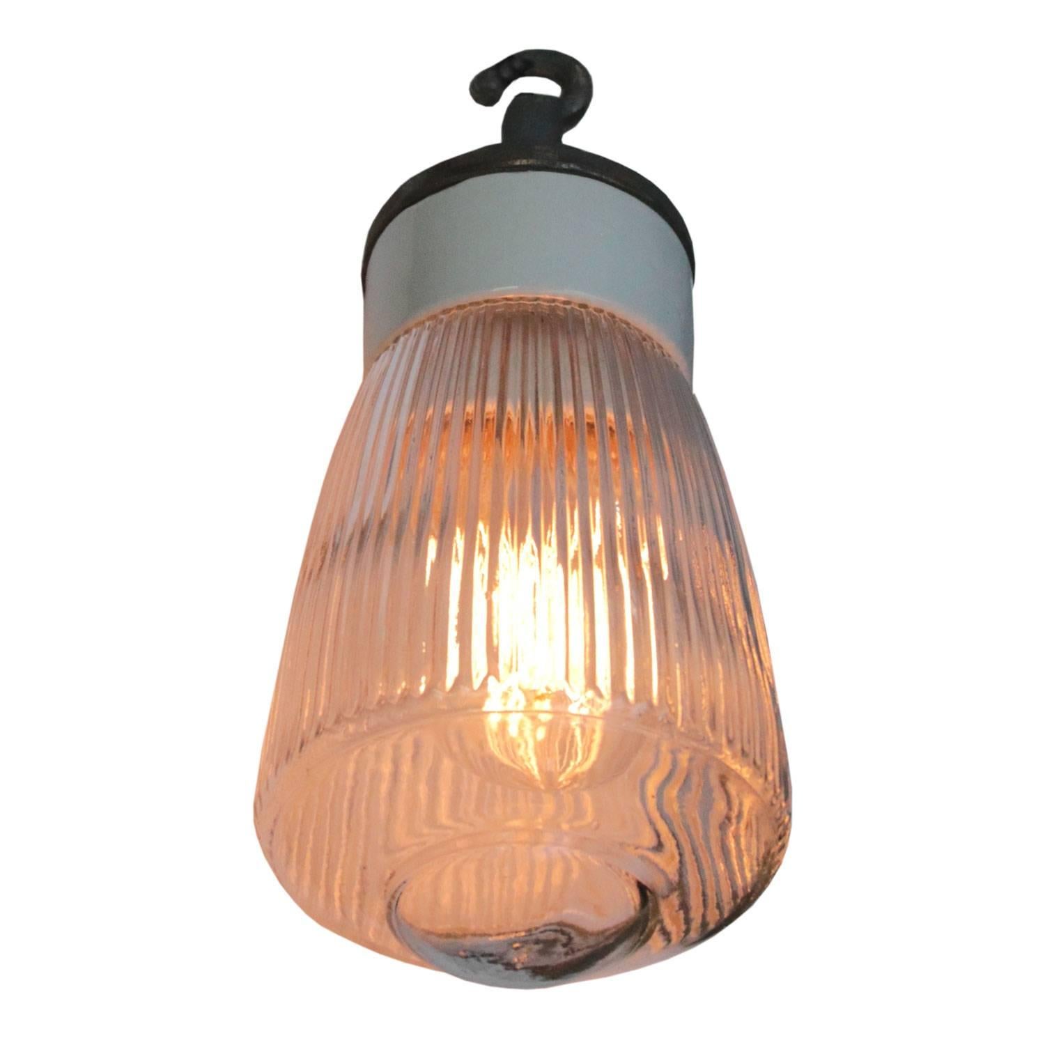 Porcelain industrial hanging lamp. White porcelain. Cast iron and clear glass.
Two conductors. No ground.

Weight: 2.0 kg / 4.4 lb

All lamps have been made suitable by international standards for incandescent light bulbs, energy-efficient and LED