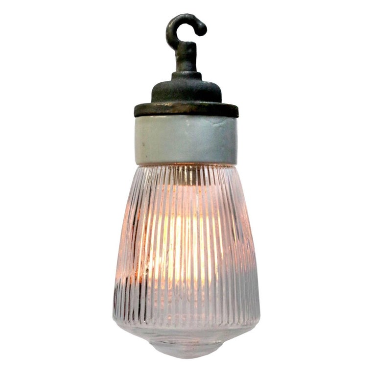 Porcelain Cast Iron Holophane Glass Industrial Hanging Light at 1stDibs