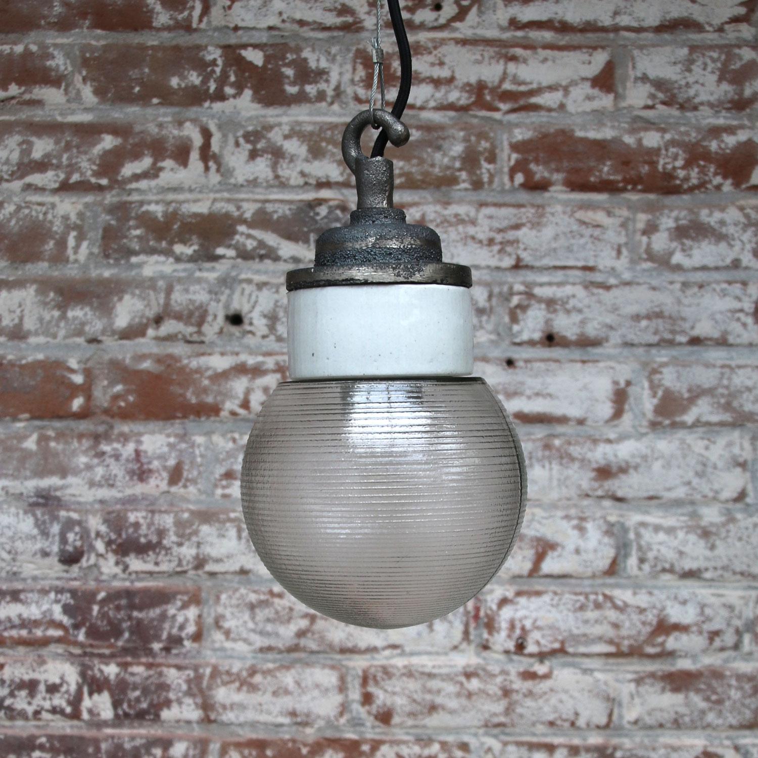 20th Century Porcelain Cast Iron Holophane Glass Industrial Hanging Lights