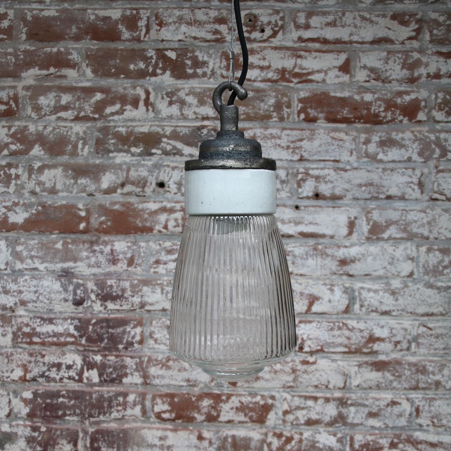 20th Century Porcelain Cast Iron Holophane Glass Industrial Hanging Light