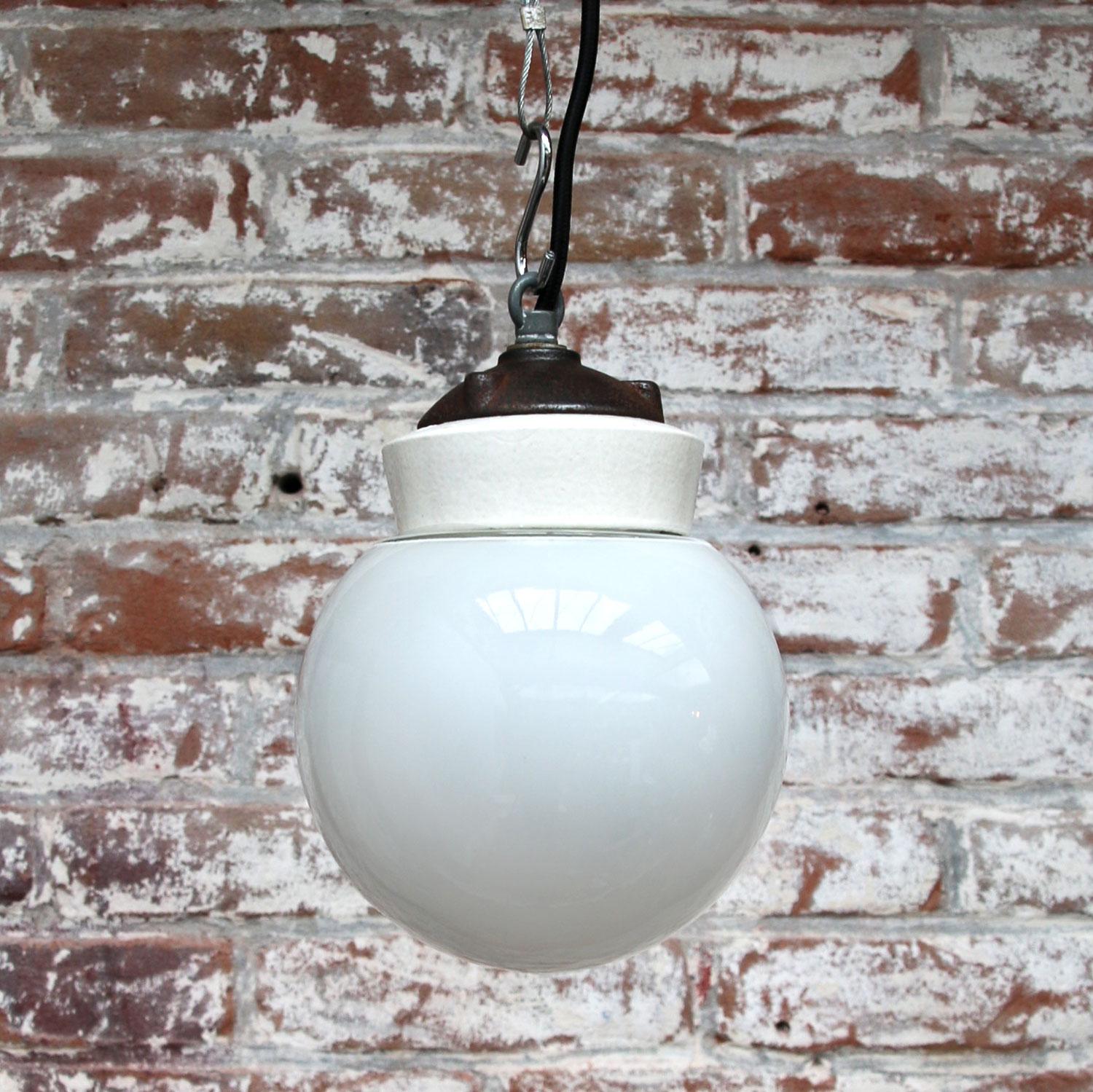 Porcelain Cast Iron Opaline Glass Industrial Hanging Light In Good Condition In Amsterdam, NL