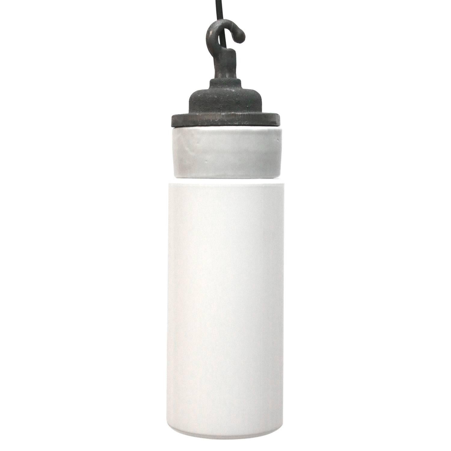 Porcelain industrial hanging lamp. White porcelain. Cast iron and opaline glass.
Two conductors. No ground.

Weight: 1.7 kg / 3.7 lb

All lamps have been made suitable by international standards for incandescent light bulbs, energy-efficient and LED