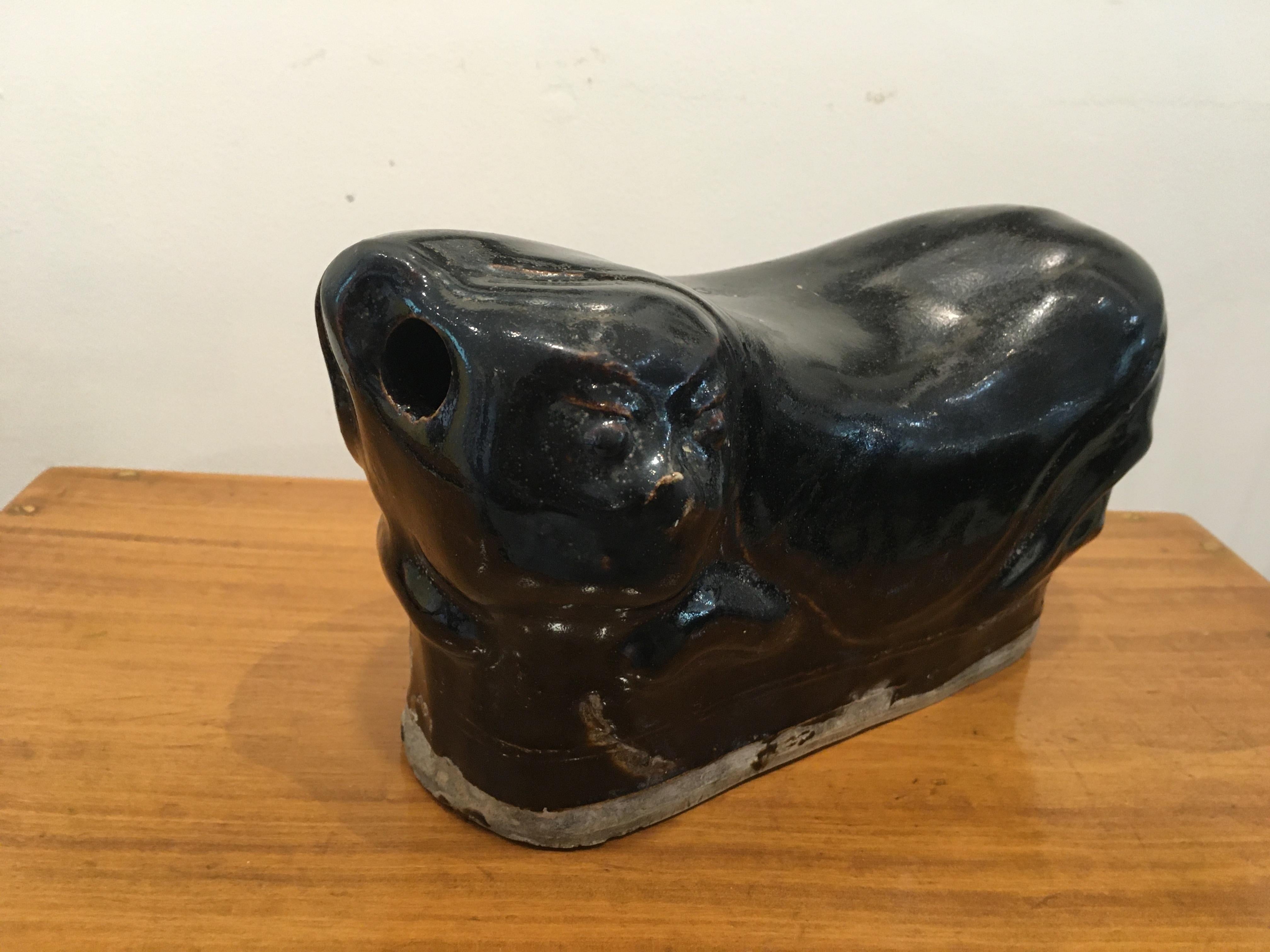 Chinese Porcelain Cat Pillow Head Rest with Black Glaze, China, Early 1900s