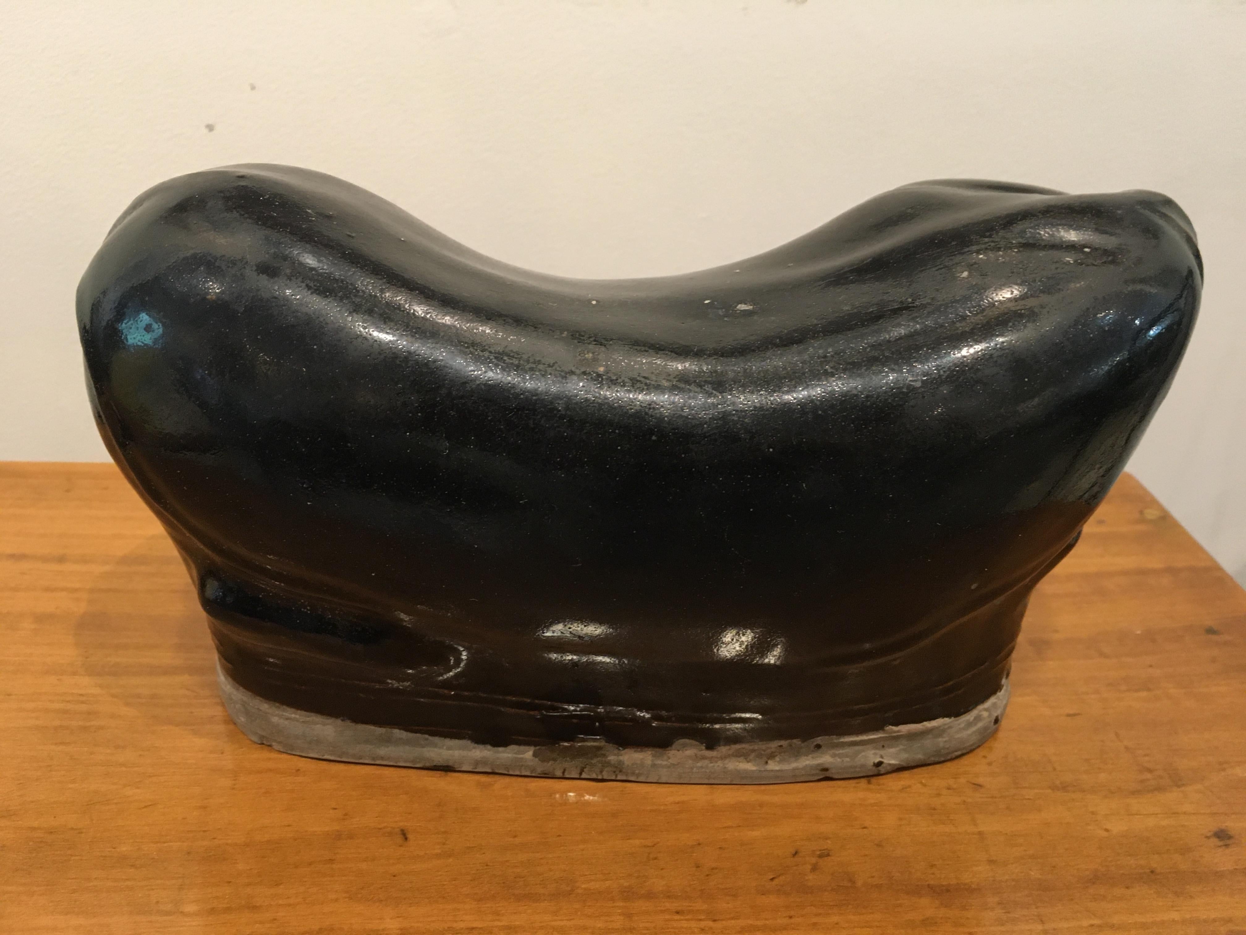 20th Century Porcelain Cat Pillow Head Rest with Black Glaze, China, Early 1900s