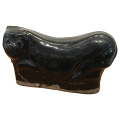 Antique Porcelain Cat Pillow Head Rest with Black Glaze, China, Early 1900s