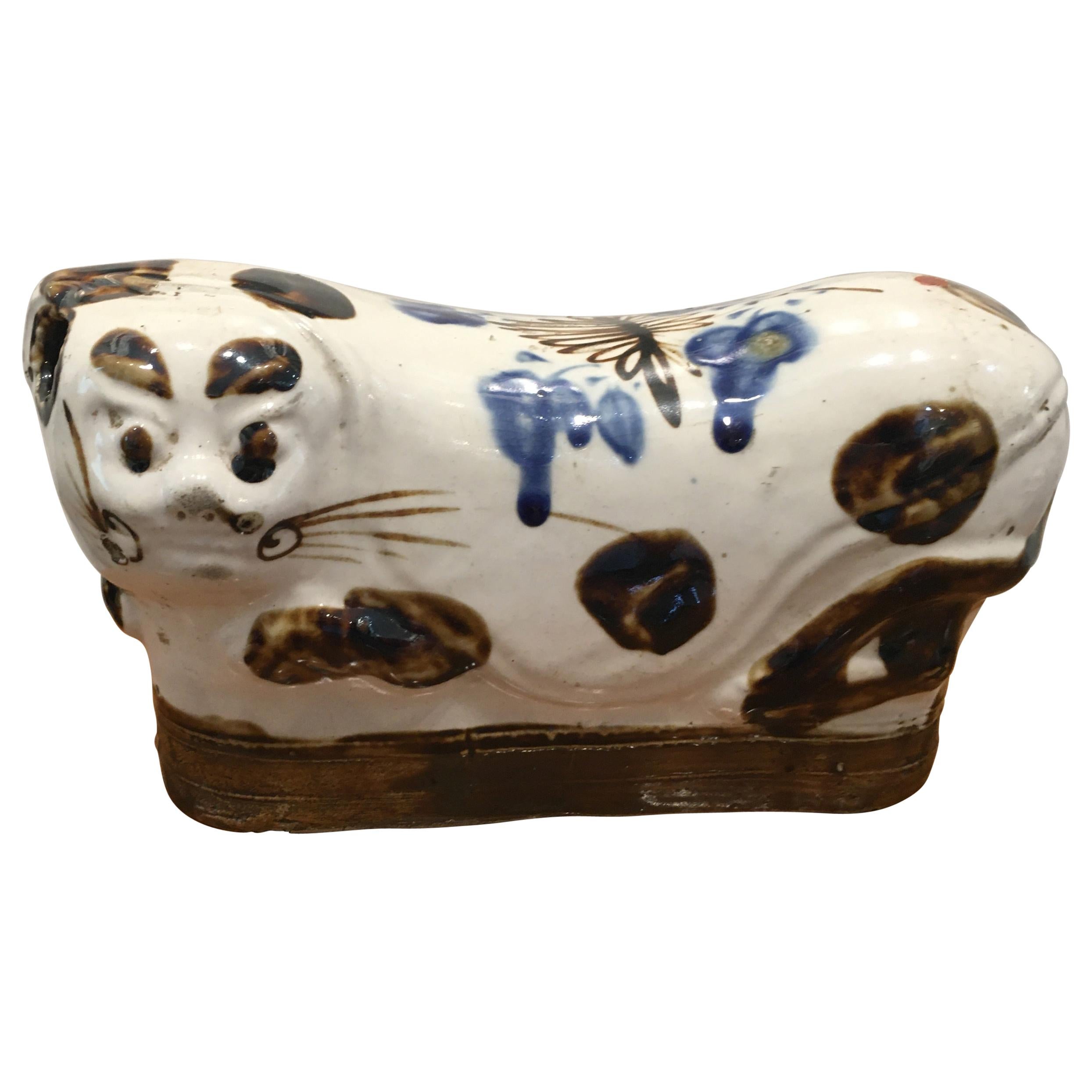 Porcelain Cat Pillow Head Rest with White, Brown & Blue Glaze, Early 1900s China