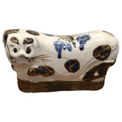 Antique Porcelain Cat Pillow Head Rest with White, Brown & Blue Glaze, Early 1900s China