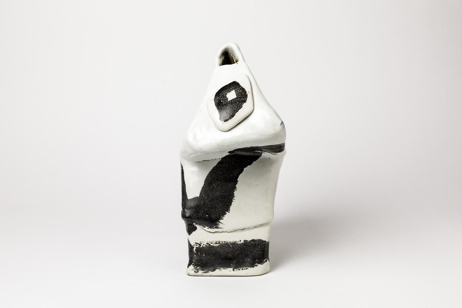 Mid-Century Modern Porcelain Ceramic Vase Sculpture by Michel Lanos White and Black Pottery Glaze For Sale