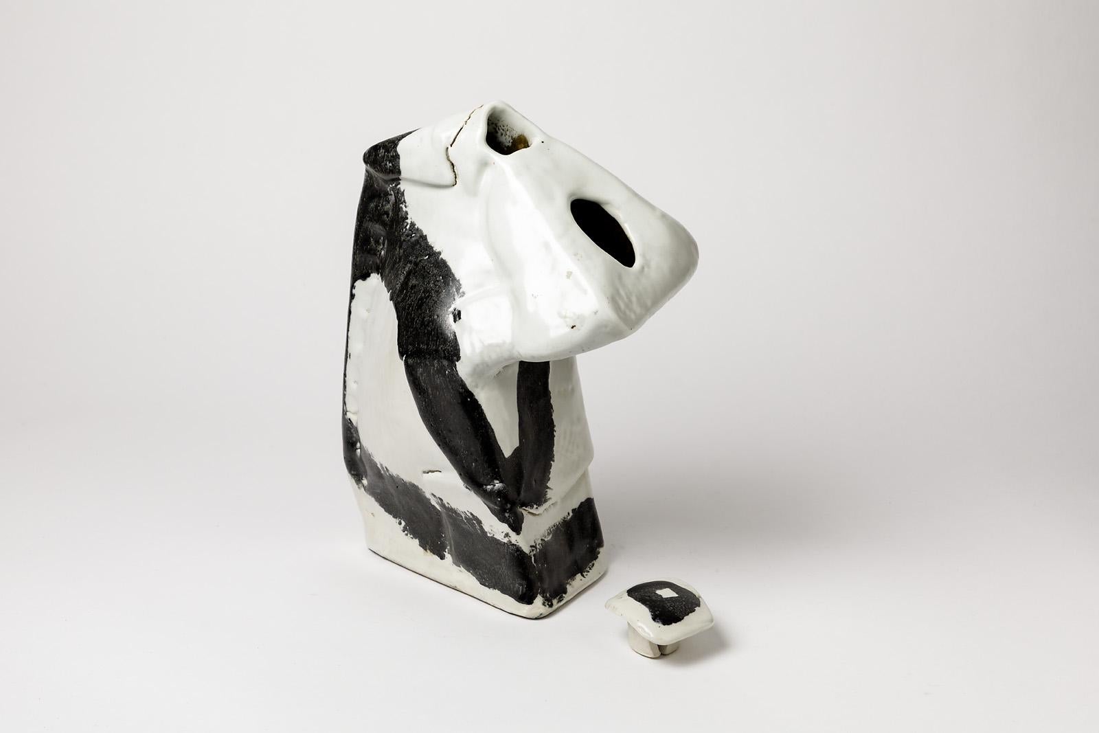 French Porcelain Ceramic Vase Sculpture by Michel Lanos White and Black Pottery Glaze For Sale