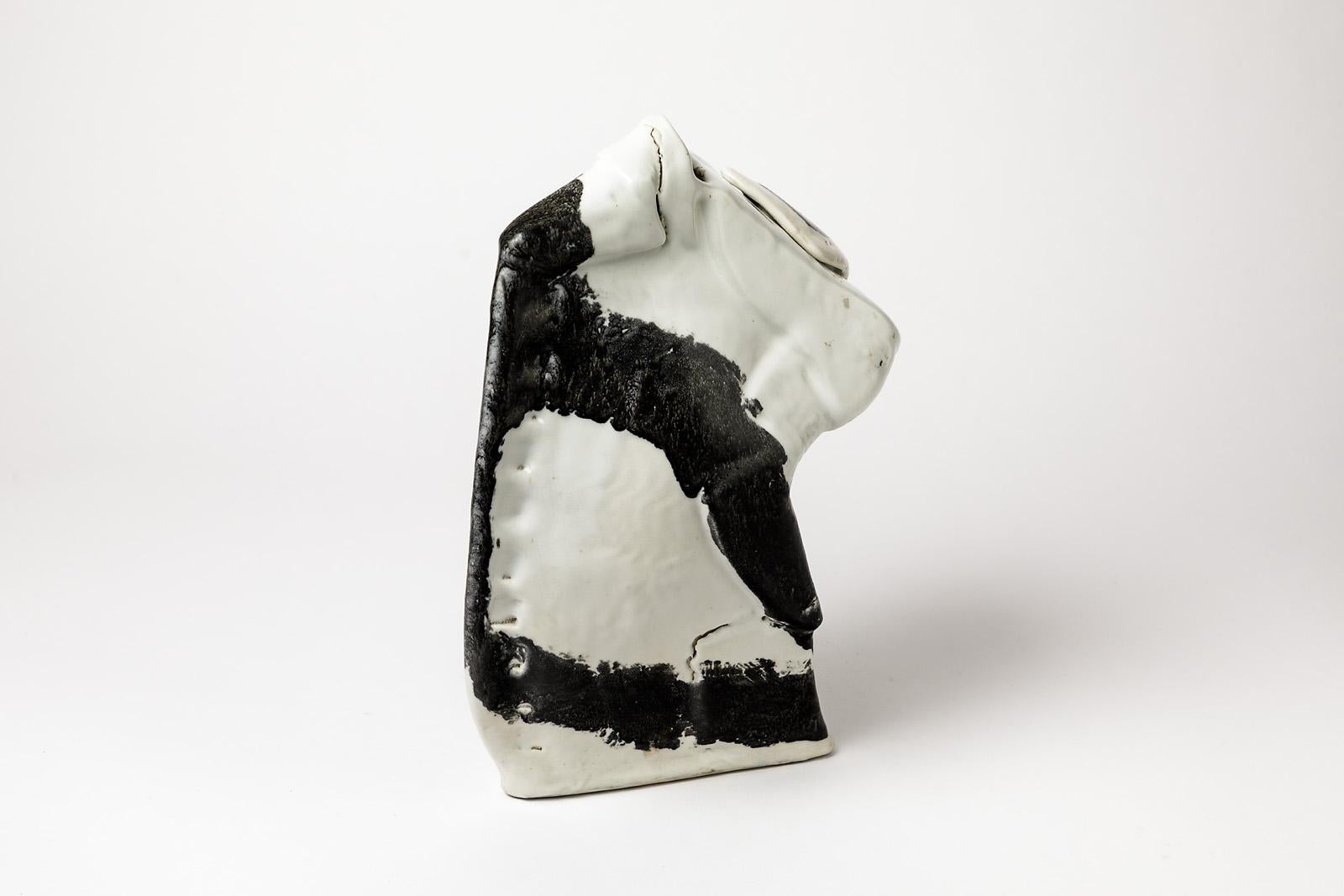 20th Century Porcelain Ceramic Vase Sculpture by Michel Lanos White and Black Pottery Glaze For Sale
