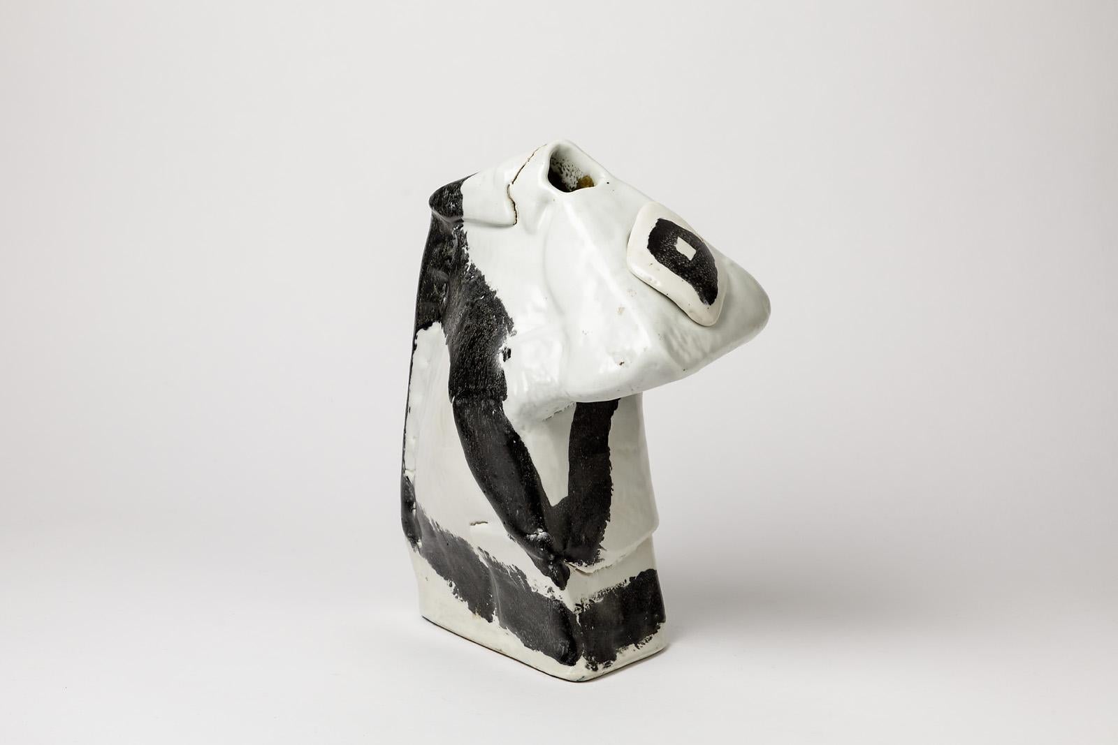 Porcelain Ceramic Vase Sculpture by Michel Lanos White and Black Pottery Glaze For Sale 2