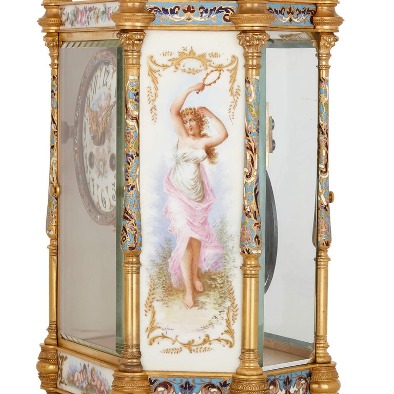 19th Century Porcelain, champlevé enamel, and gilt-bronze Rococo style three-piece clock set For Sale