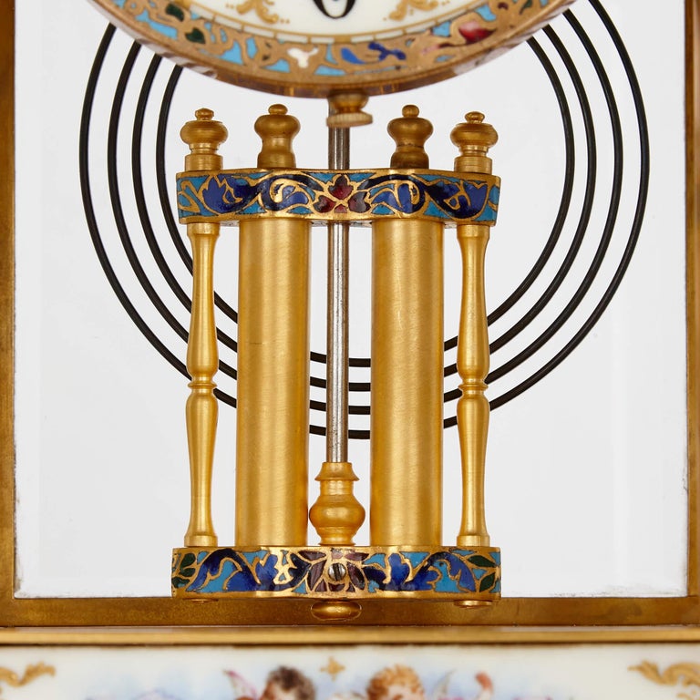 Enamel Porcelain, champlevé enamel, and gilt-bronze Rococo style three-piece clock set For Sale