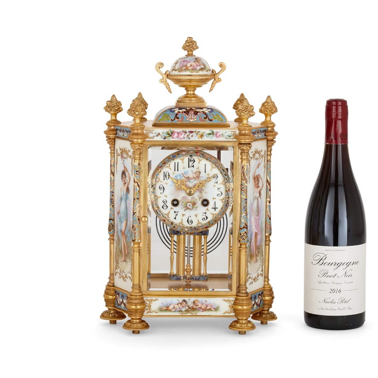 Porcelain, champlevé enamel, and gilt-bronze Rococo style three-piece clock set For Sale 2