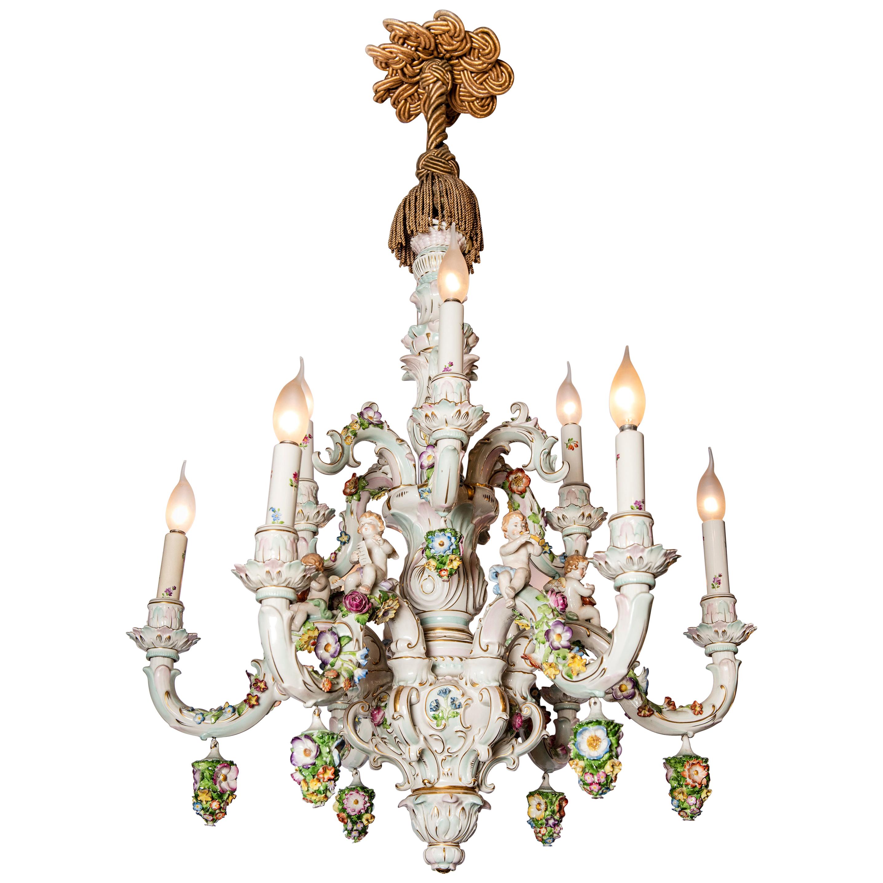 Porcelain Chandelier with Flowers and Angels, Germany, circa 1900 For Sale