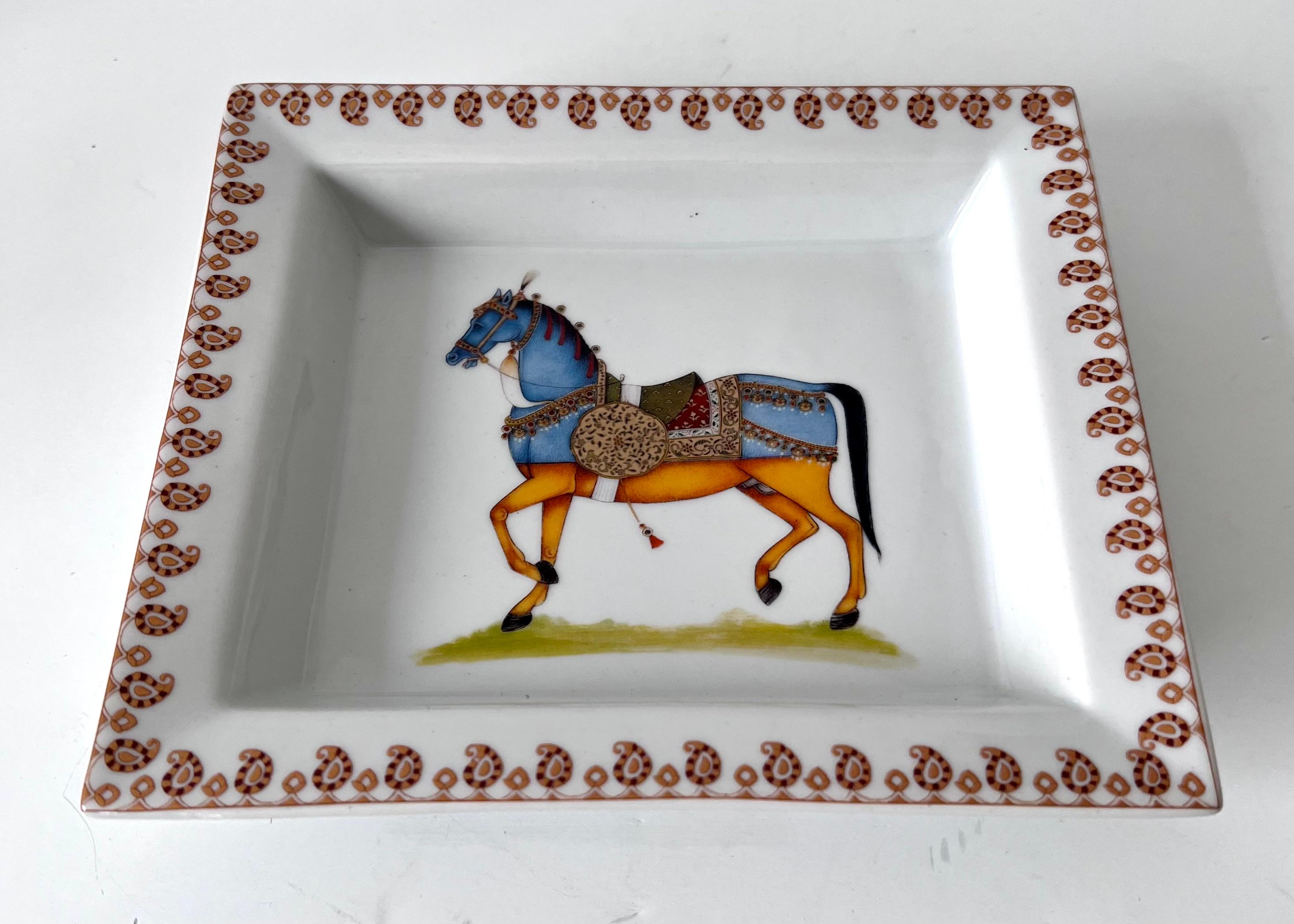 French Porcelain Change Tray with a Horse in the Style of Hermès For Sale