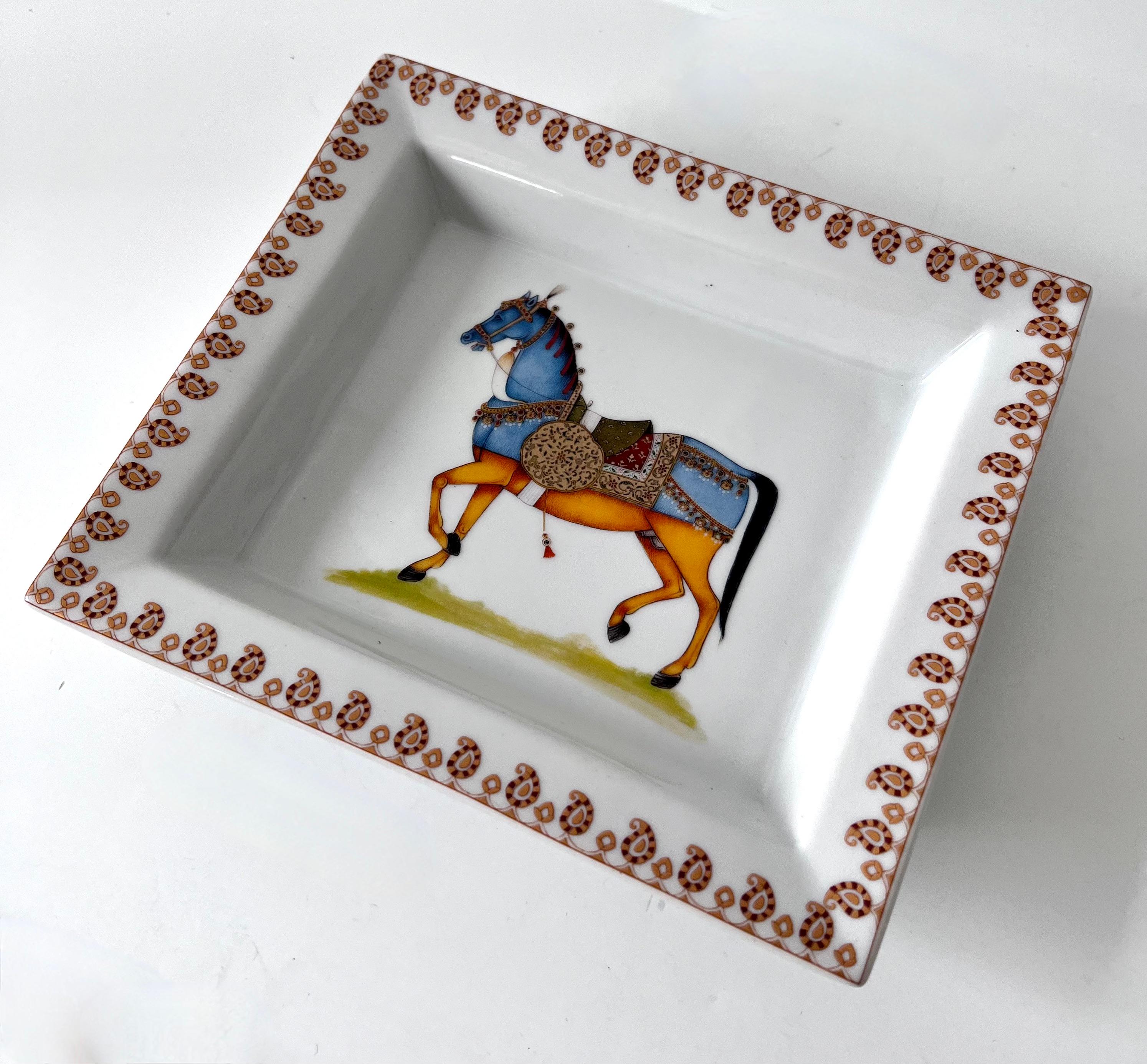 Hand-Crafted Porcelain Change Tray with a Horse in the Style of Hermès For Sale