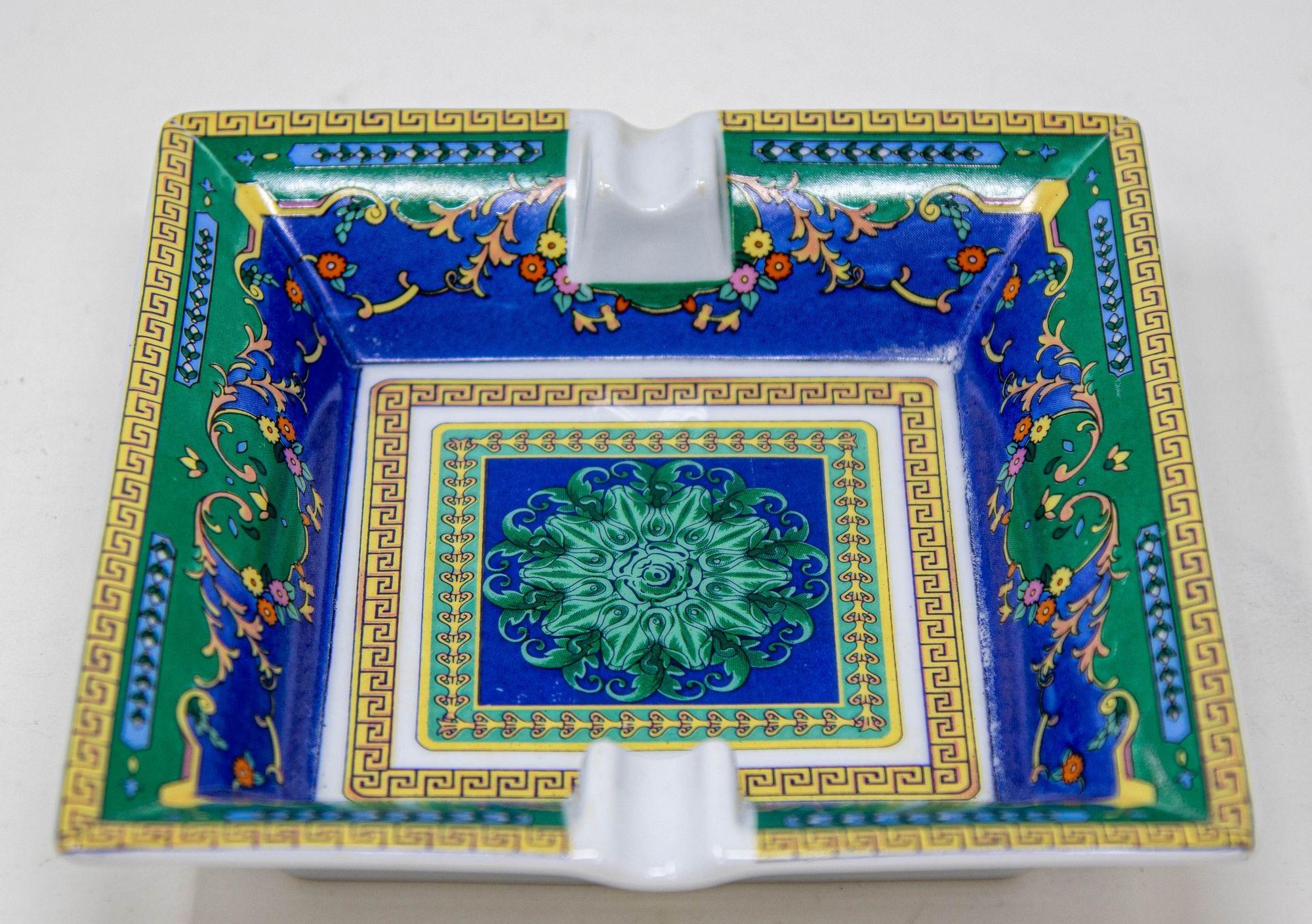 Porcelain Cigar Ashtray Dish Catchall Greco Roman Baroque Style Blue Green Gold 7
