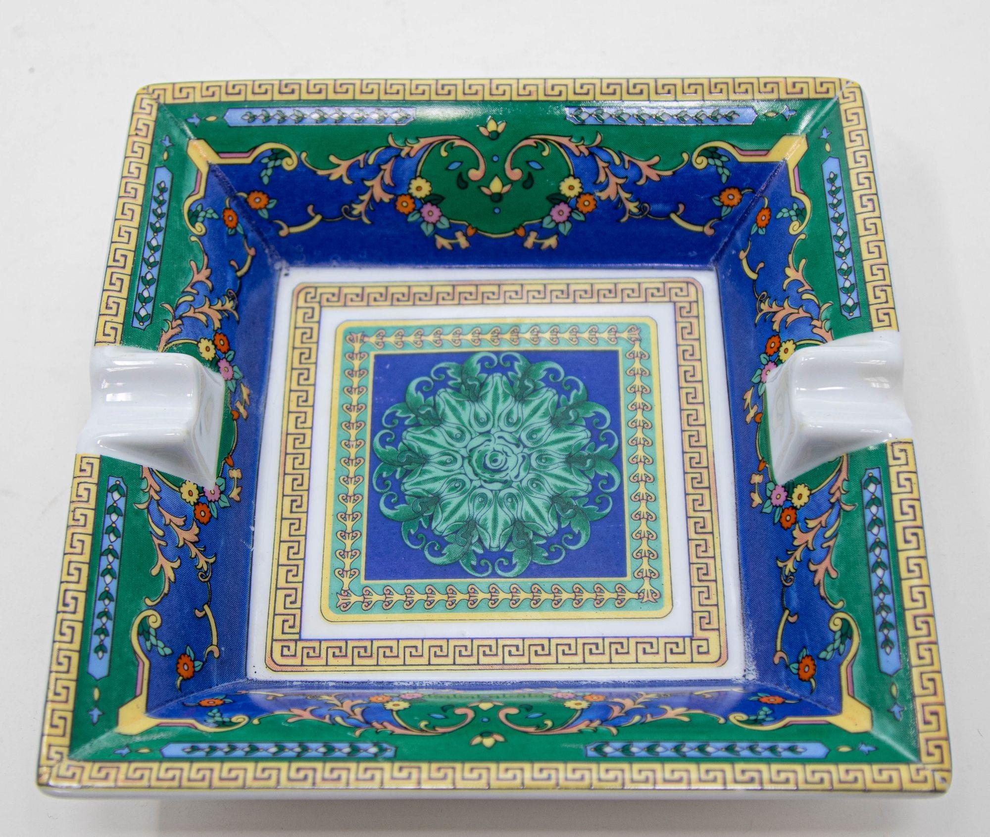 Italian Porcelain Cigar Ashtray Dish Catchall Greco Roman Baroque Style Blue Green Gold
