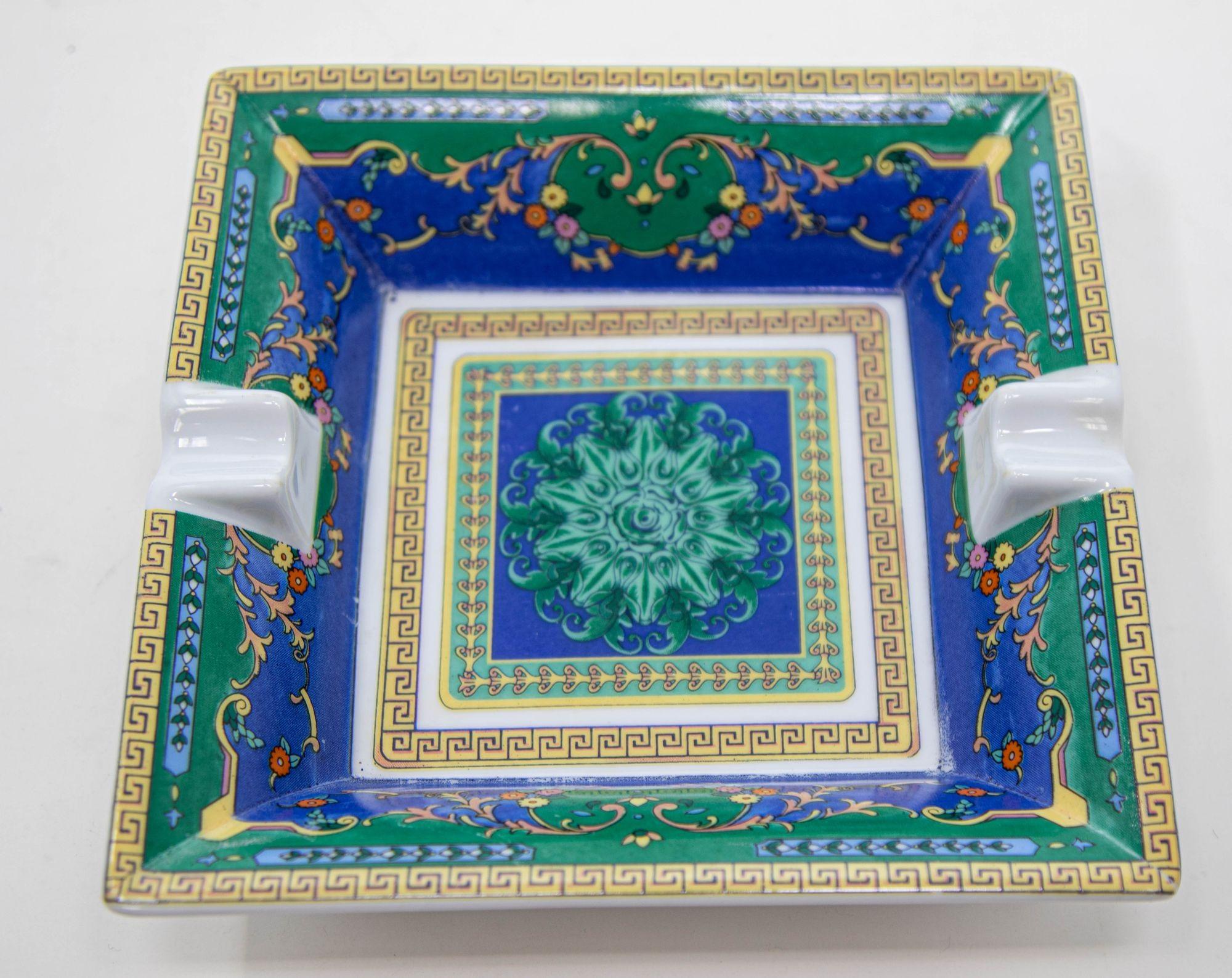 20th Century Porcelain Cigar Ashtray Dish Catchall Greco Roman Baroque Style Blue Green Gold