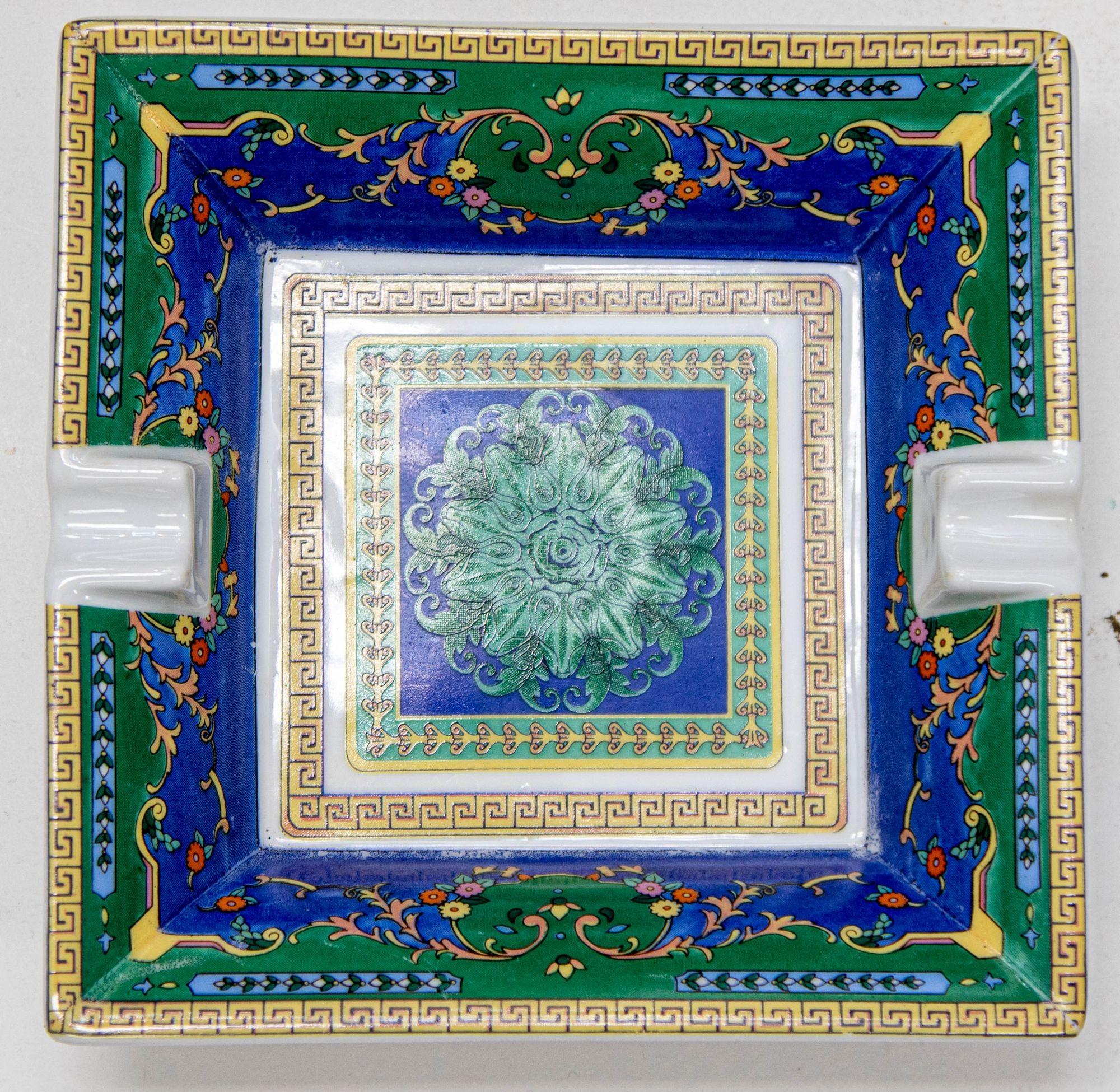 Ceramic Porcelain Cigar Ashtray Dish Catchall Greco Roman Baroque Style Blue Green Gold