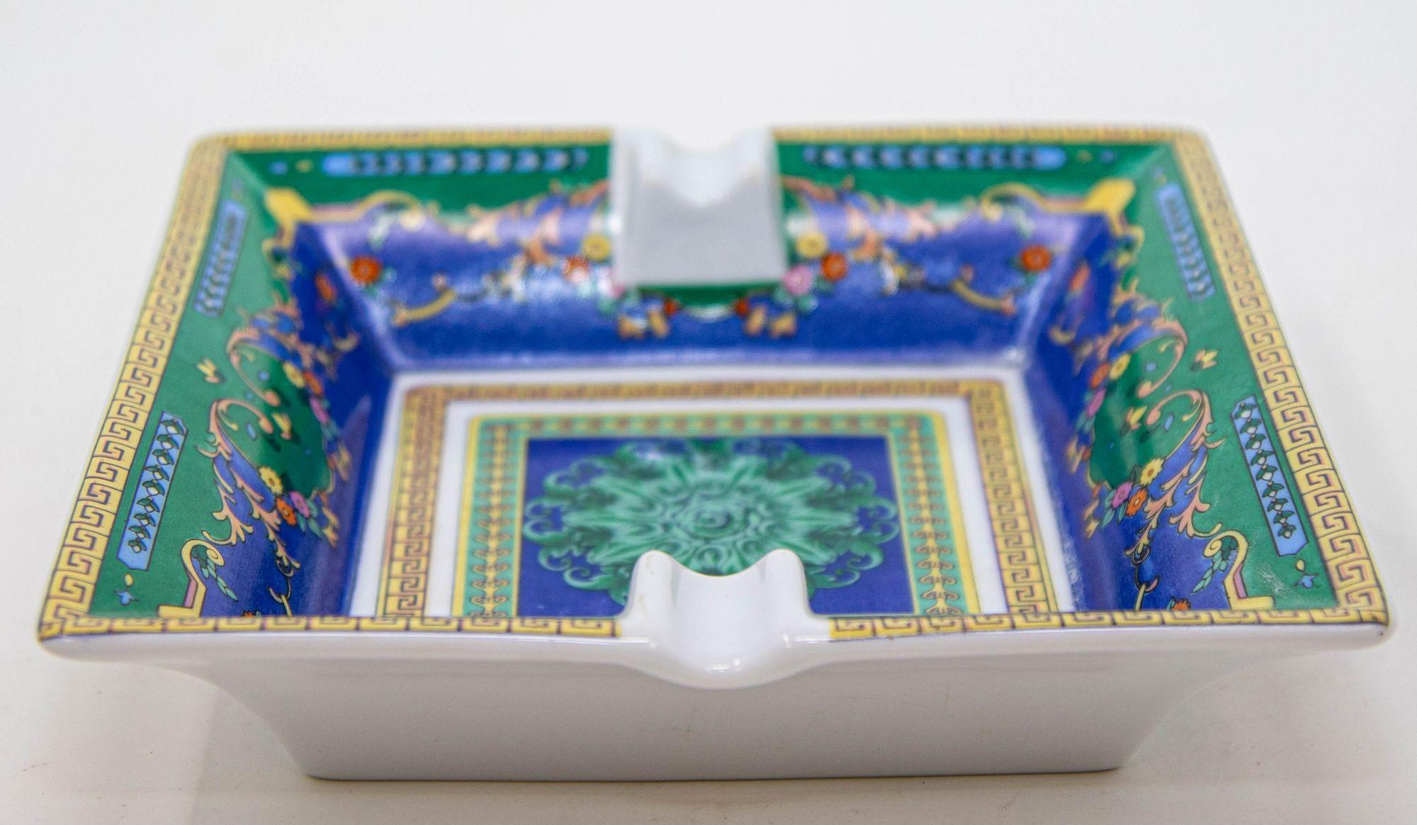 Porcelain Cigar Ashtray Dish Catchall Greco Roman Baroque Style Blue Green Gold 1