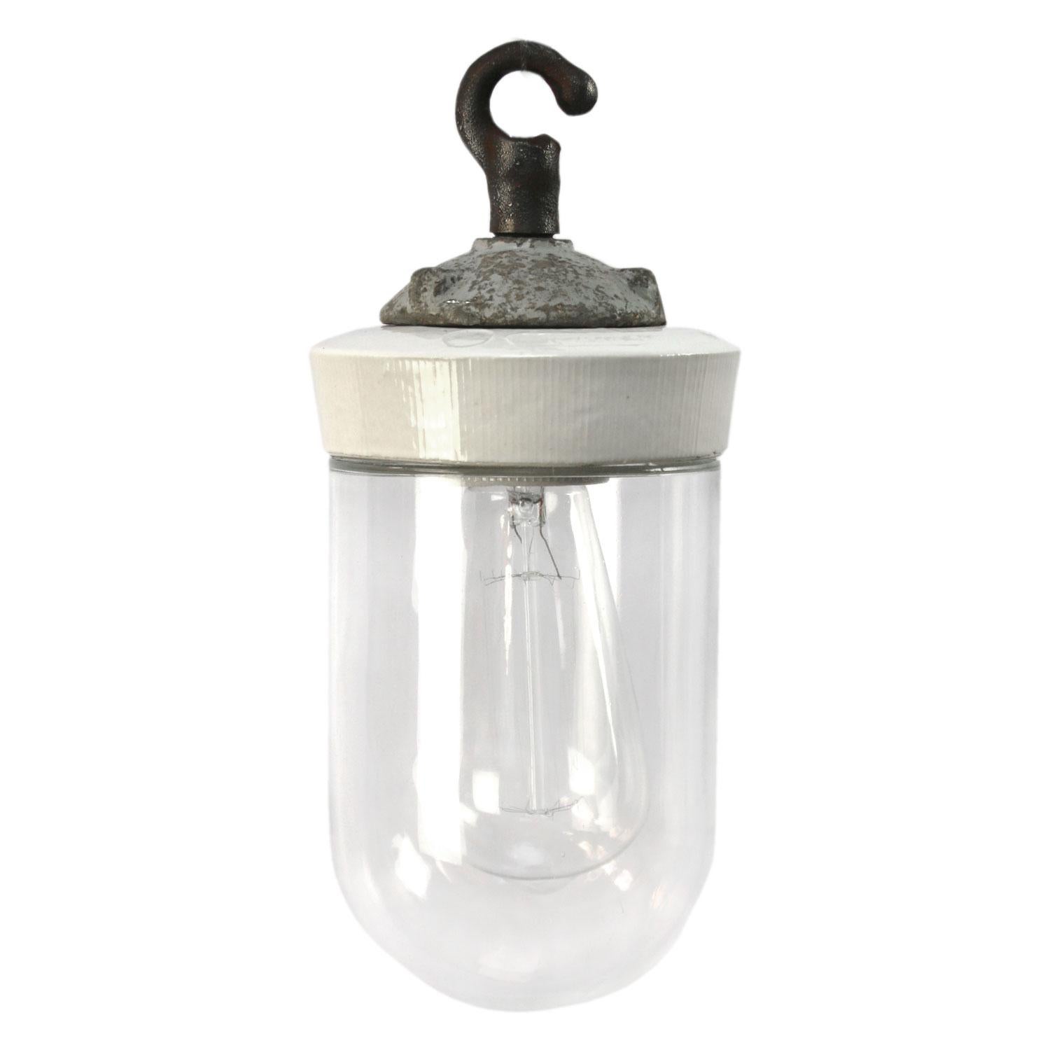 Porcelain industrial hanging lamp.
White porcelain, cast iron and clear glass.
2 conductors, no ground.

Weight: 1.90 kg / 4.2 lb

Priced per individual item. All lamps have been made suitable by international standards for incandescent light
